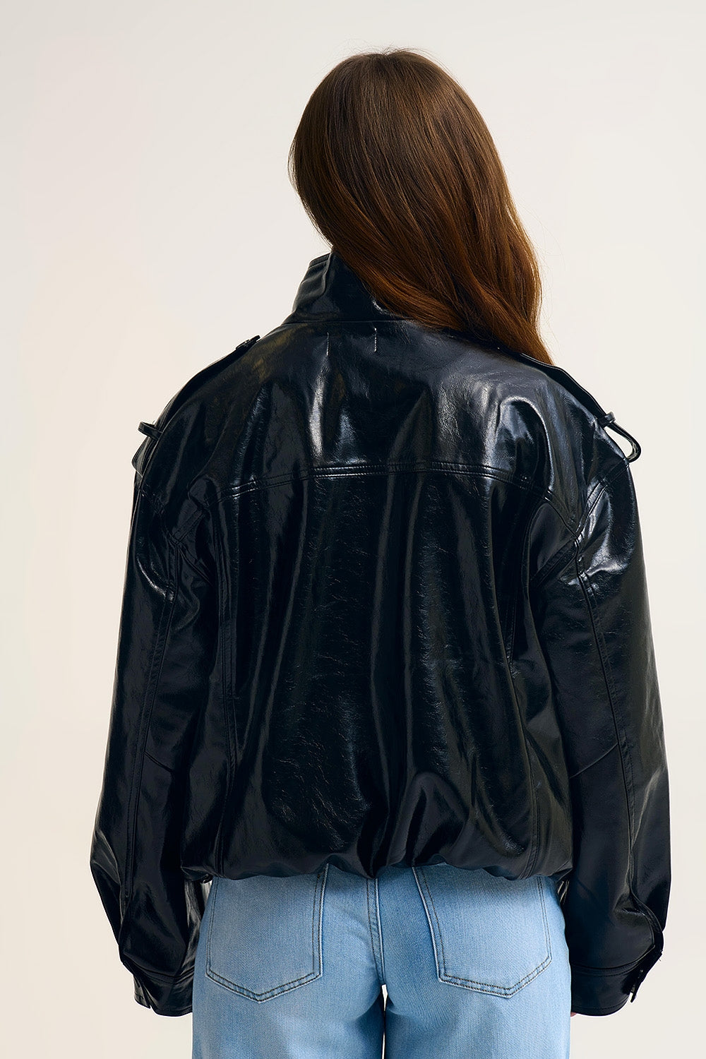 UNIKCOSA Shiny faux leather oversized Jacket in black