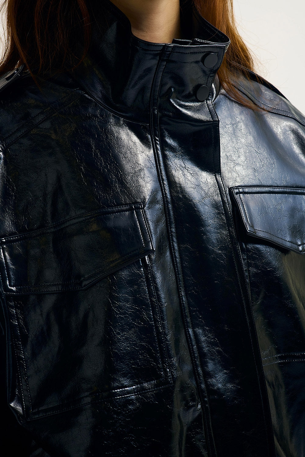 UNIKCOSA Shiny faux leather oversized Jacket in black