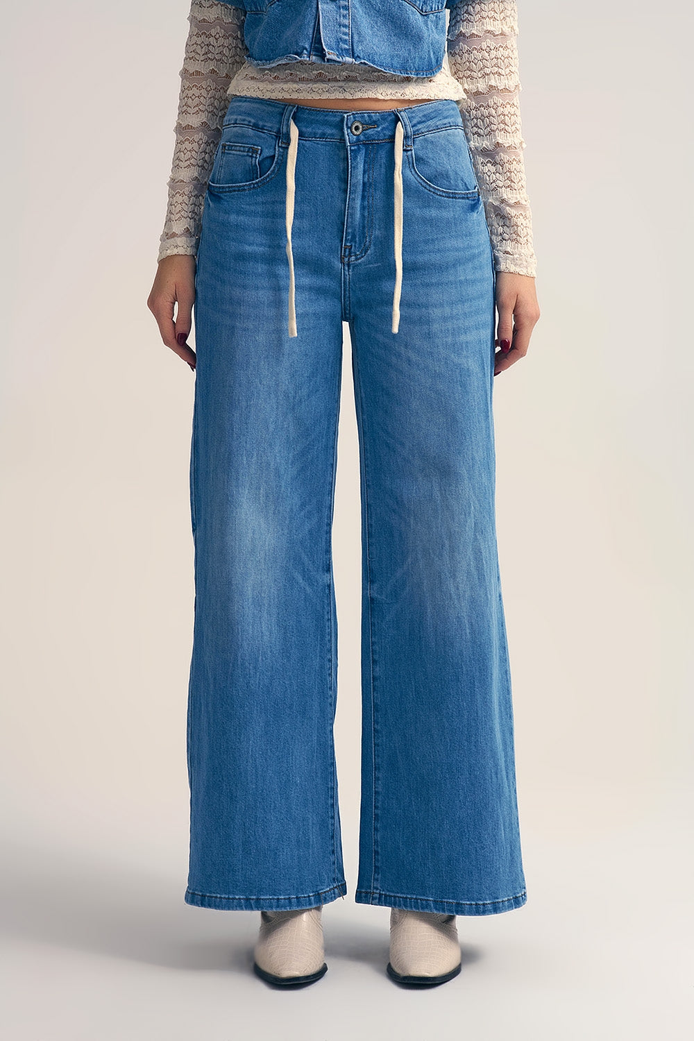 Light-Wash Wide-Leg Jeans with Drawstring Waist