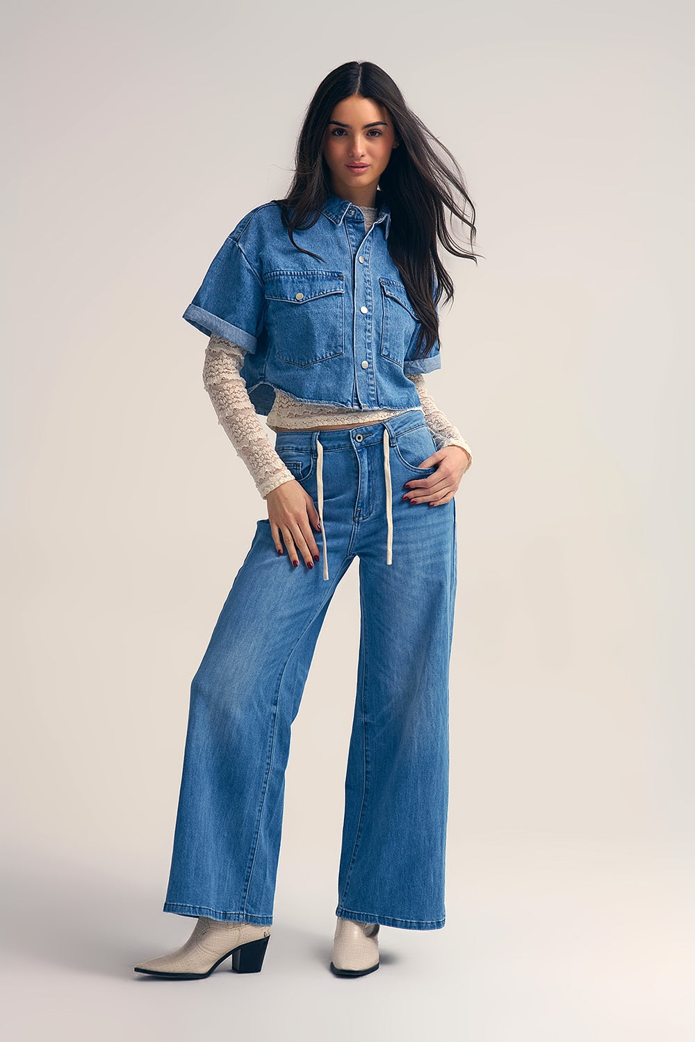 Light-Wash Wide-Leg Jeans with Drawstring Waist
