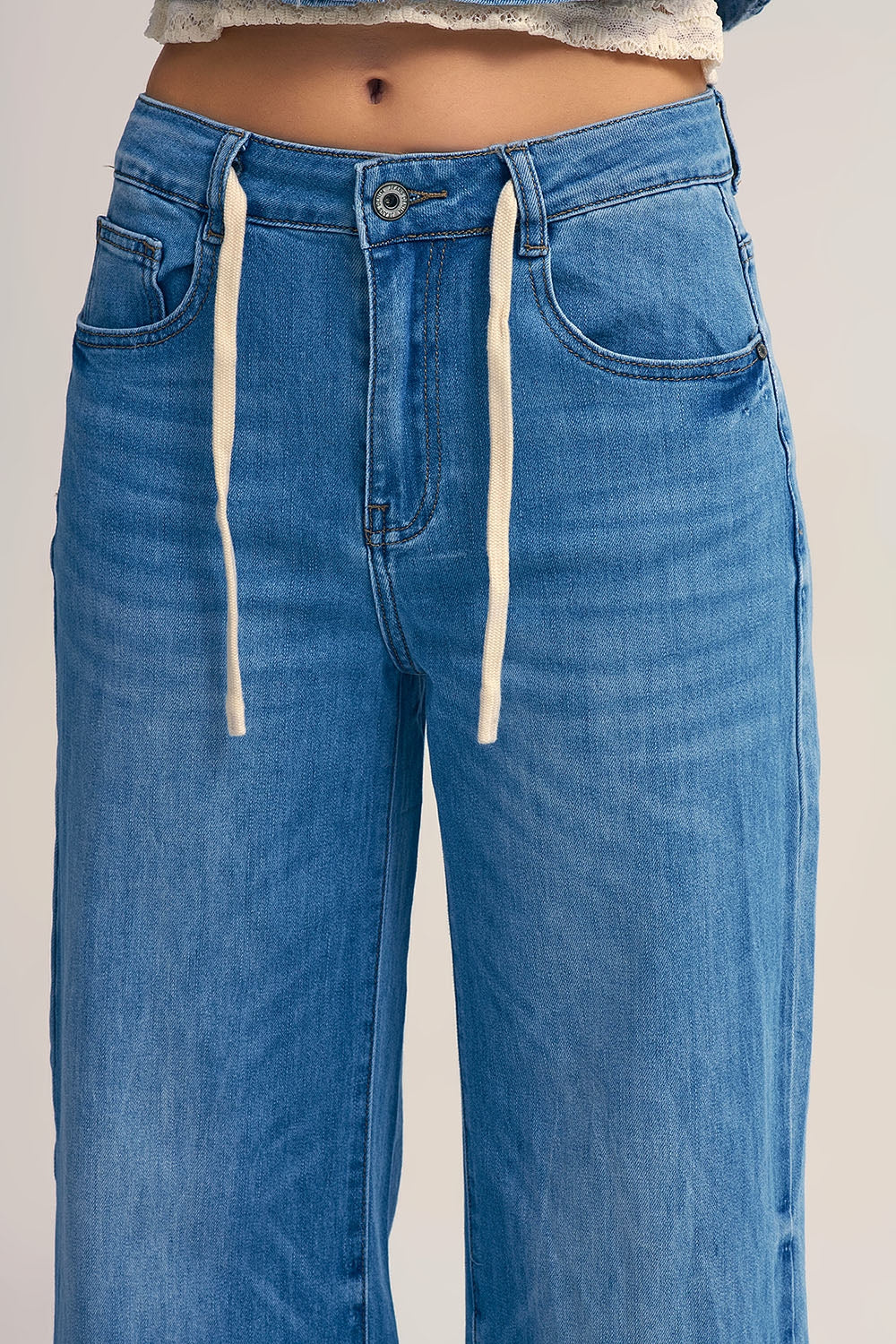 Light-Wash Wide-Leg Jeans with Drawstring Waist