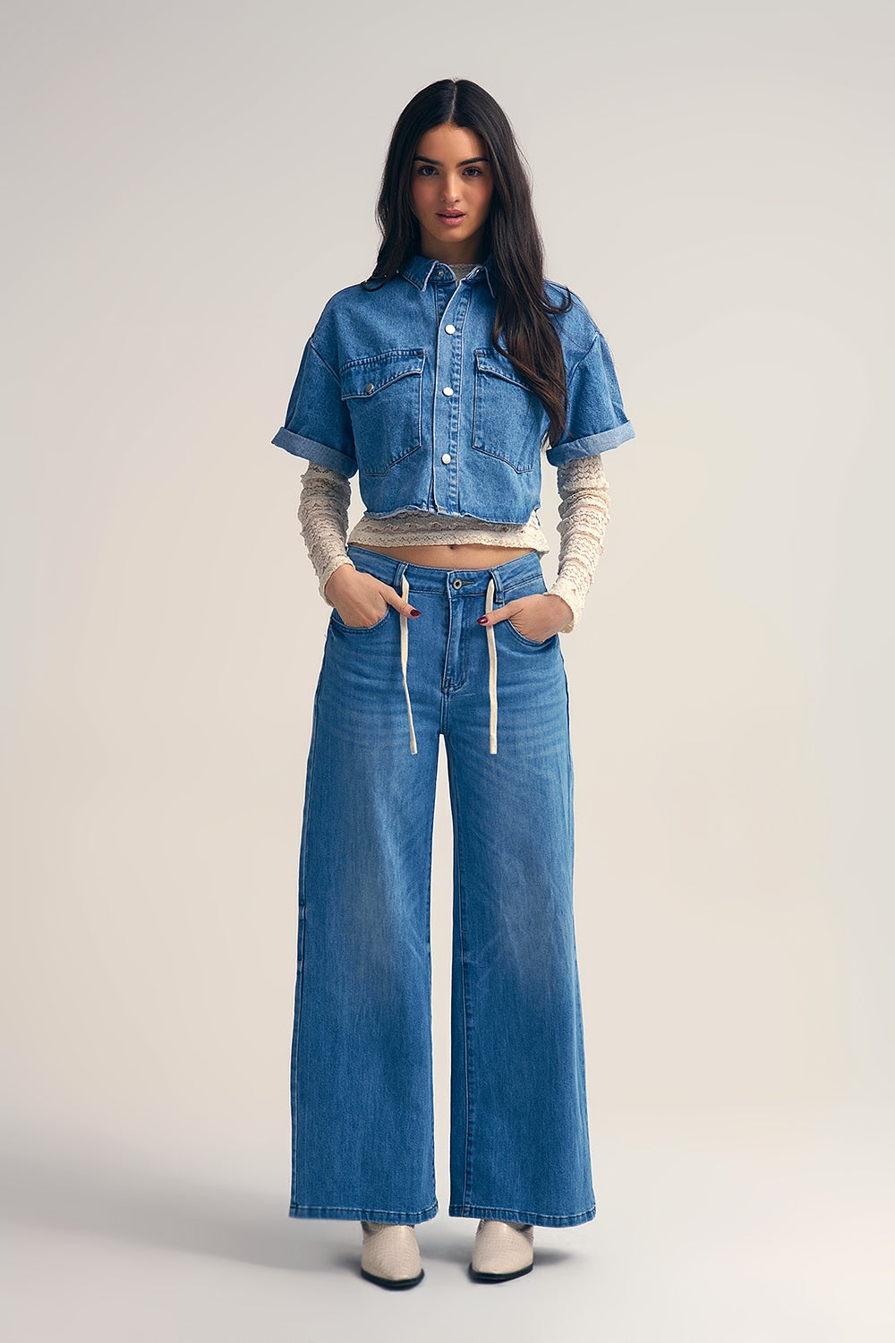 Light-Wash Wide-Leg Jeans with Drawstring Waist