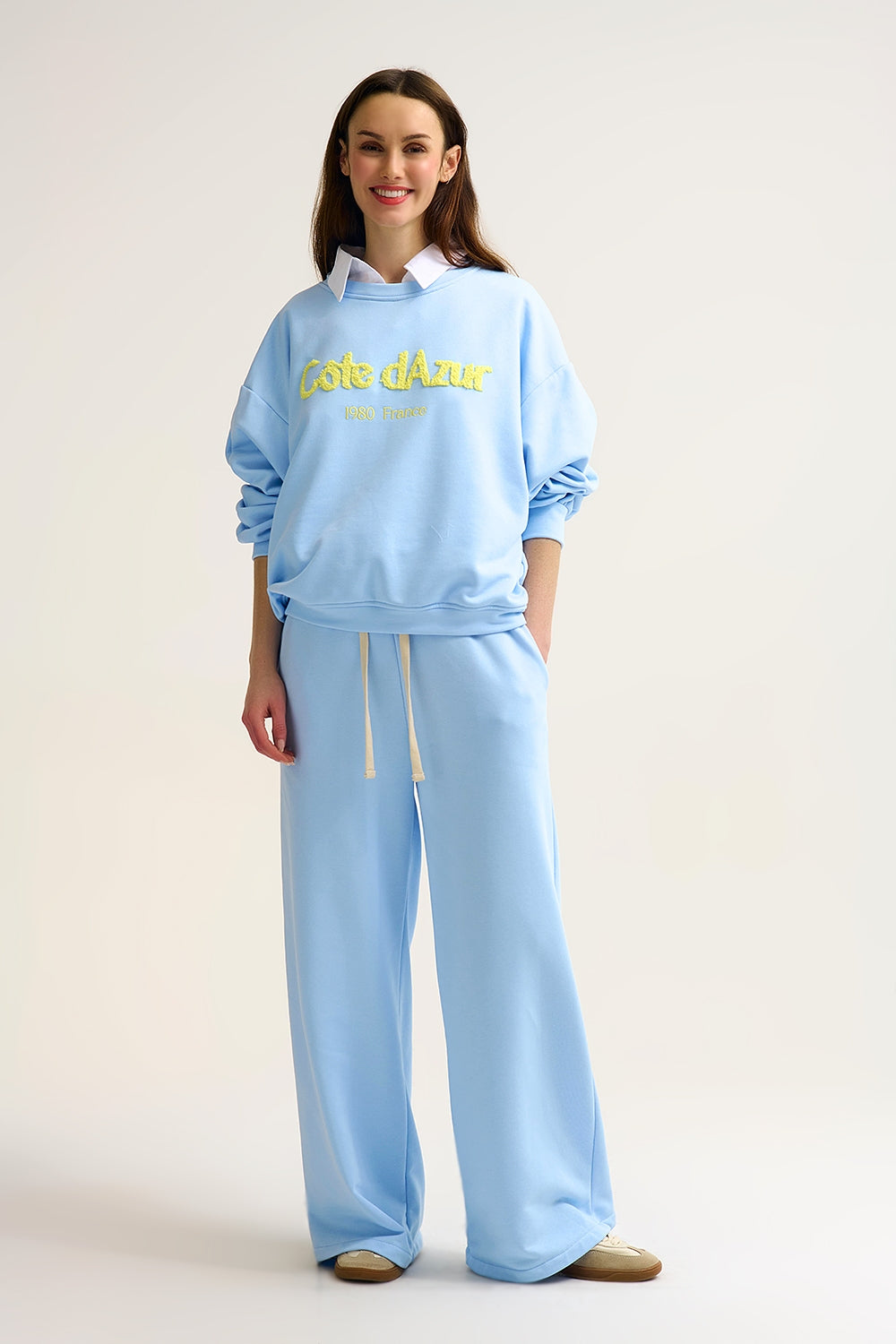 Baby Blue Knit Straight Fit Sweatpants with elastic waist and Tie