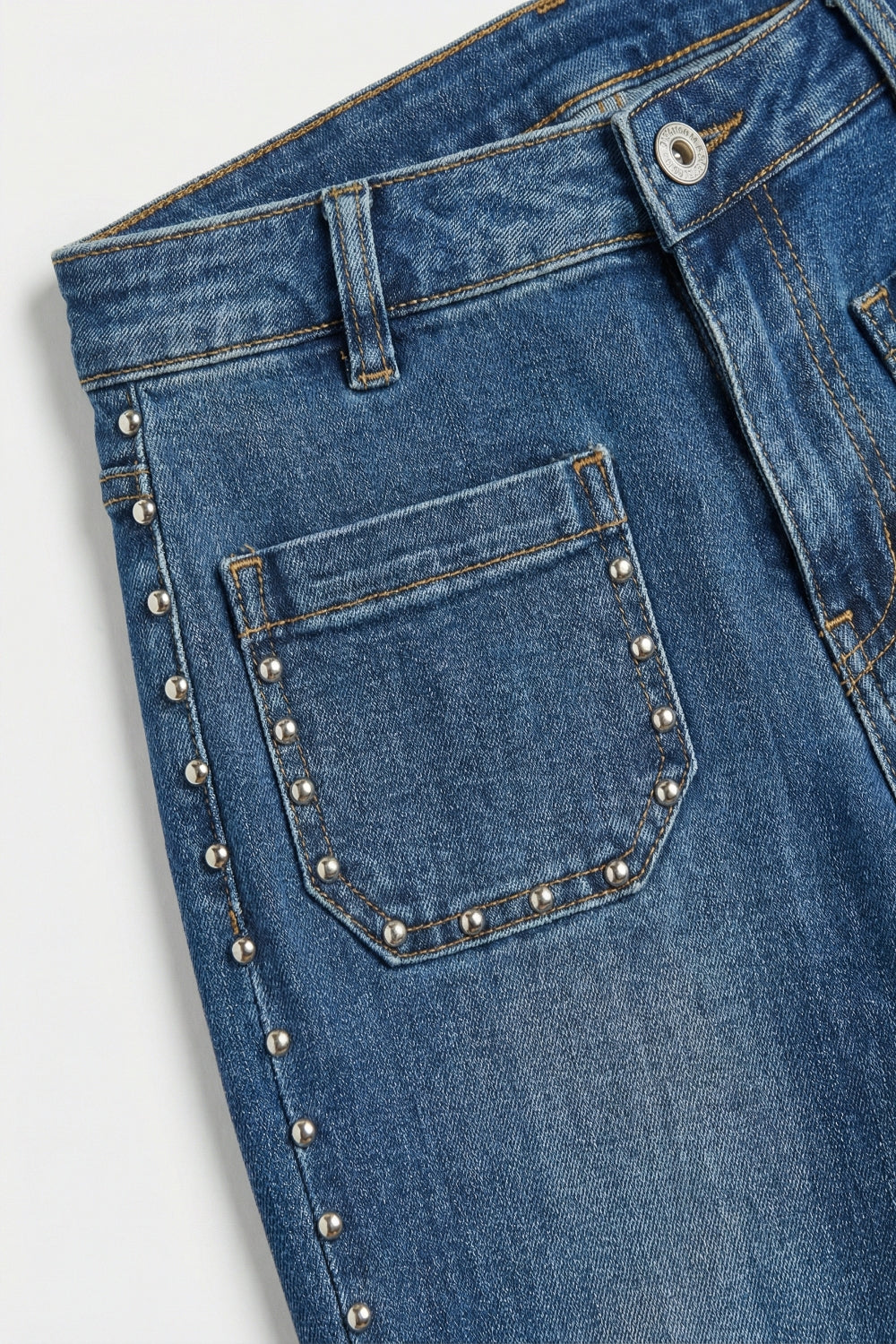 mid wash blue Flare-Leg Denim Jeans with Side Stud Detail