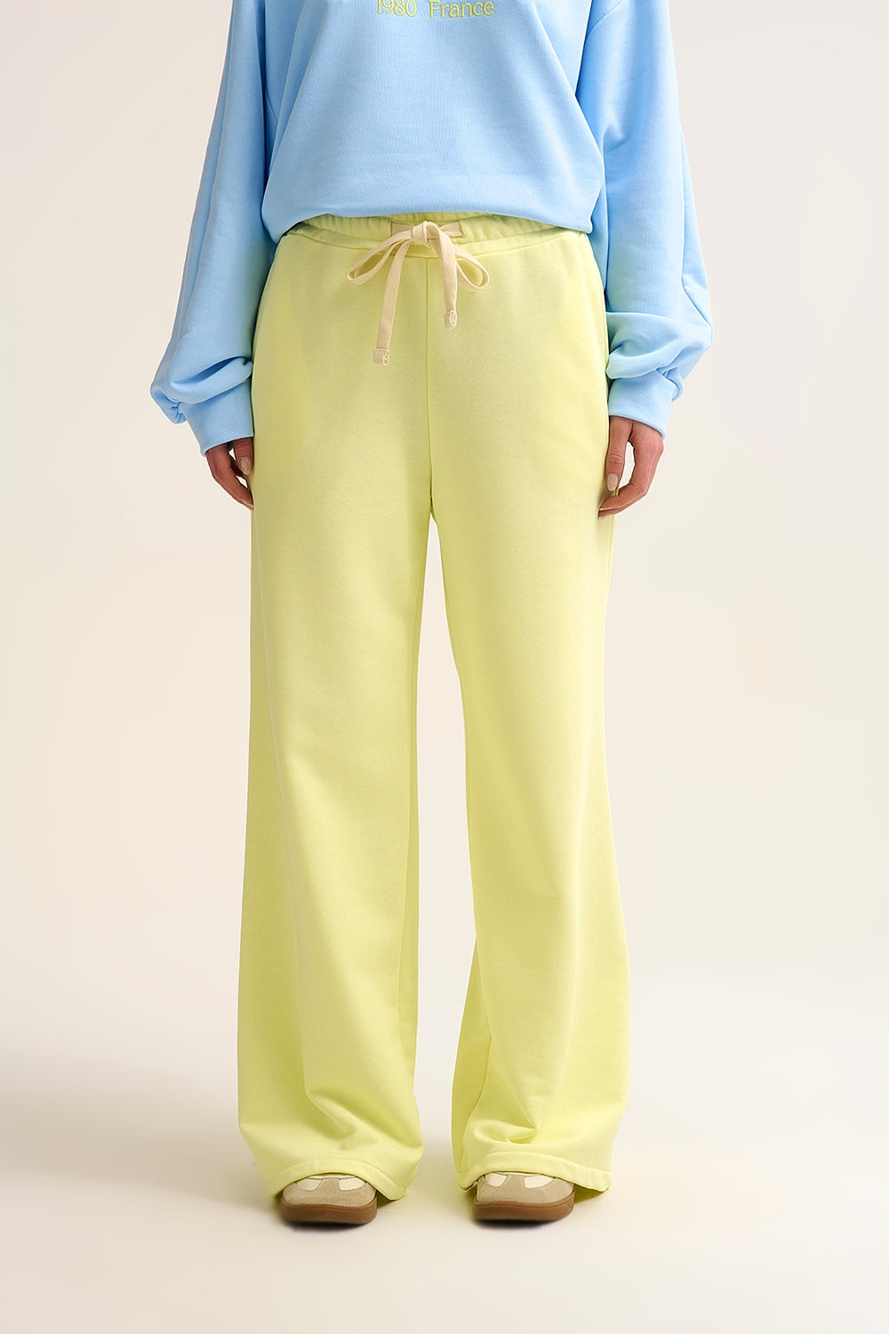Yellow Knit Straight Fit Sweatpants with elastic waist and Tie