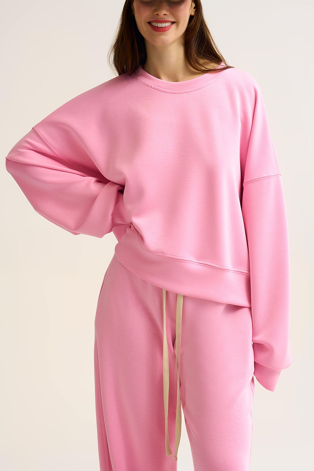 Crew Neck Dropped Shoulder Basic Sweatshirt in Pink