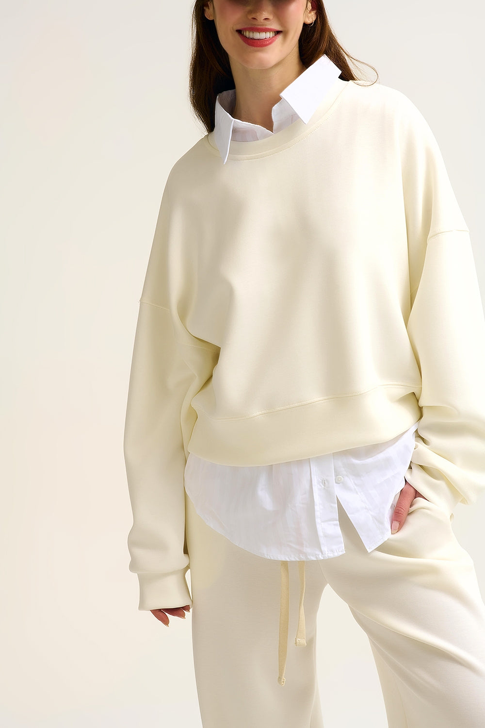 Crew Neck Dropped Shoulder Basic Sweatshirt in Cream
