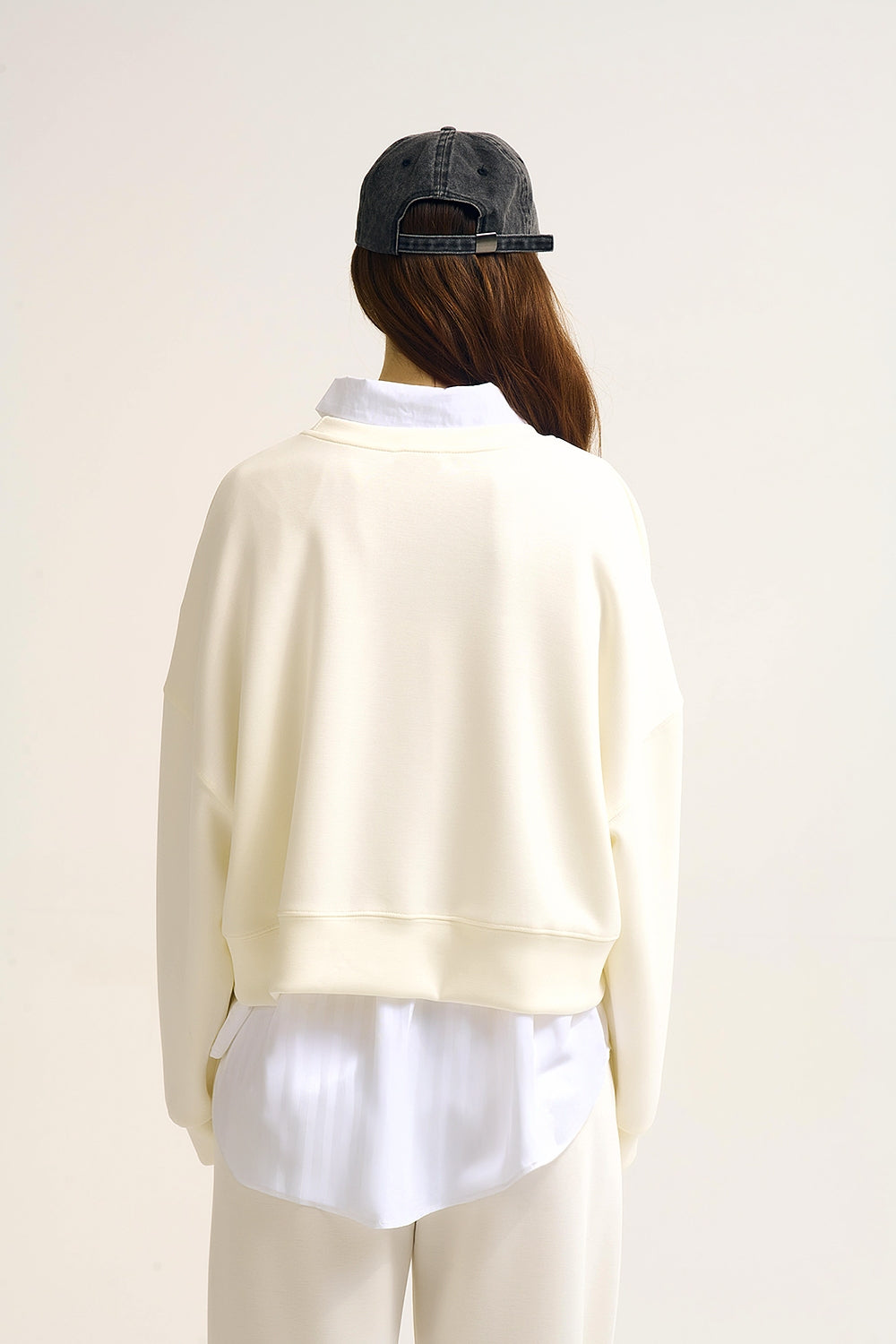 Crew Neck Dropped Shoulder Basic Sweatshirt in Cream