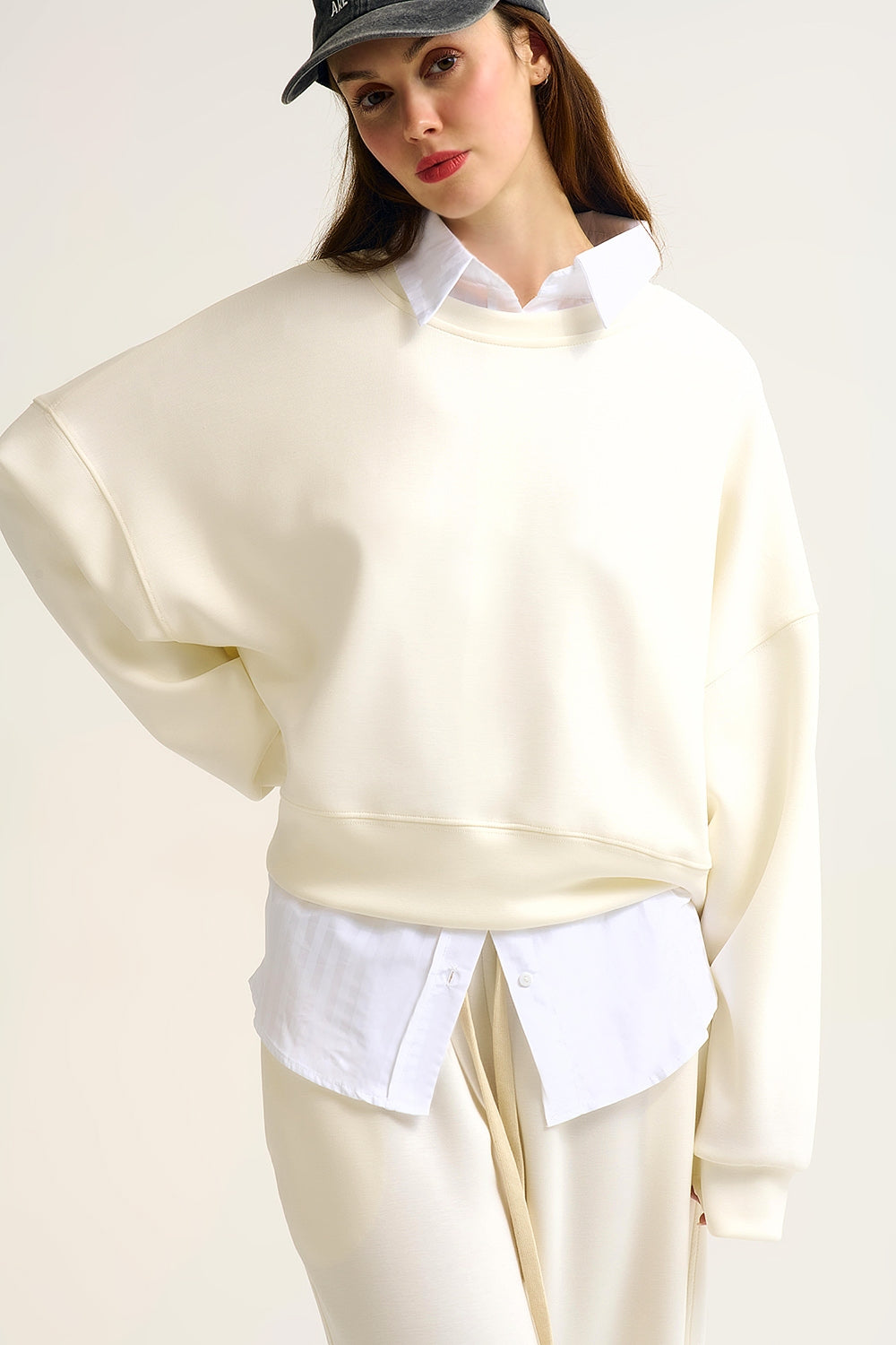 Crew Neck Dropped Shoulder Basic Sweatshirt in Cream