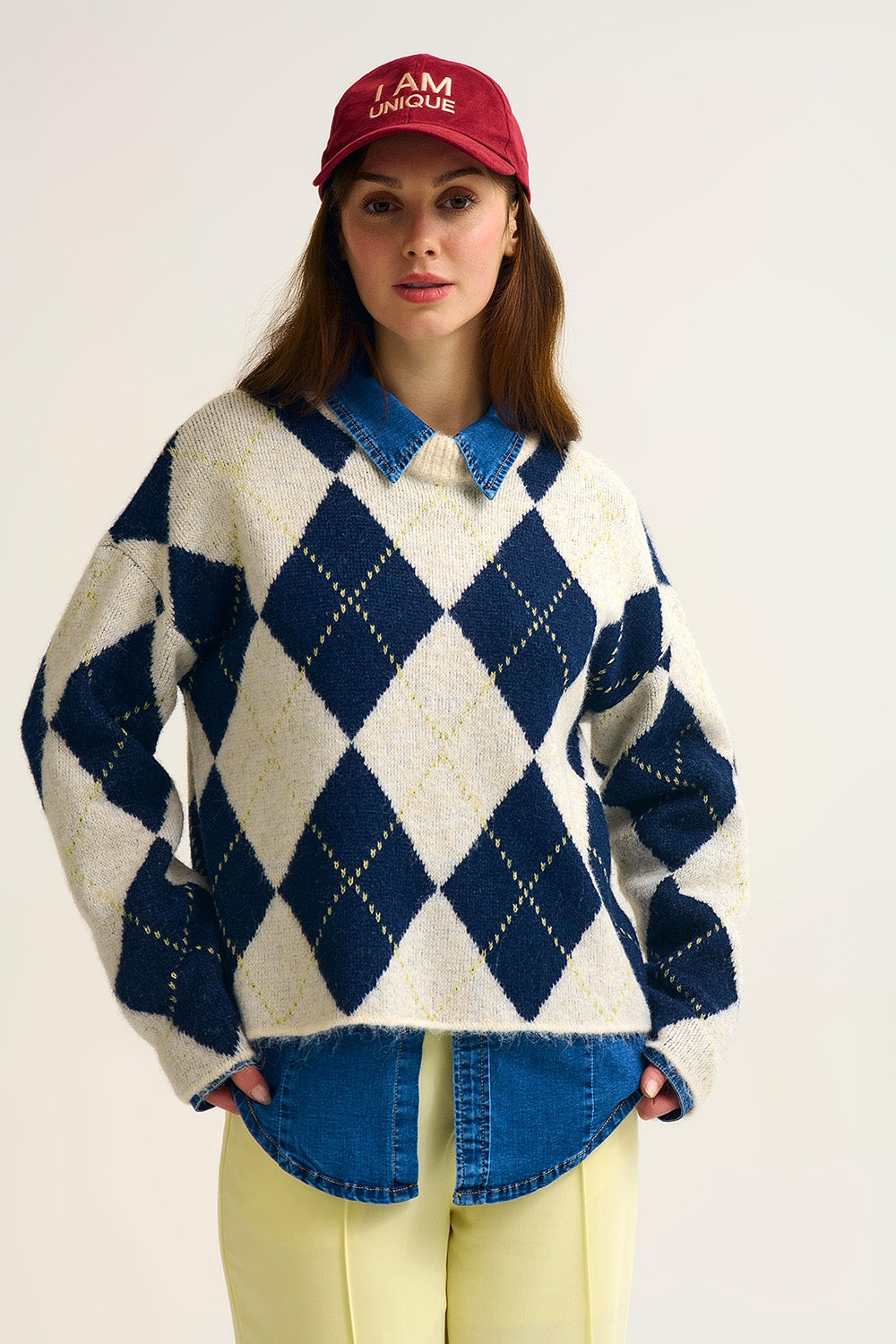 Navy diamond Chunky Knit Sweater in Contrast navy and cream