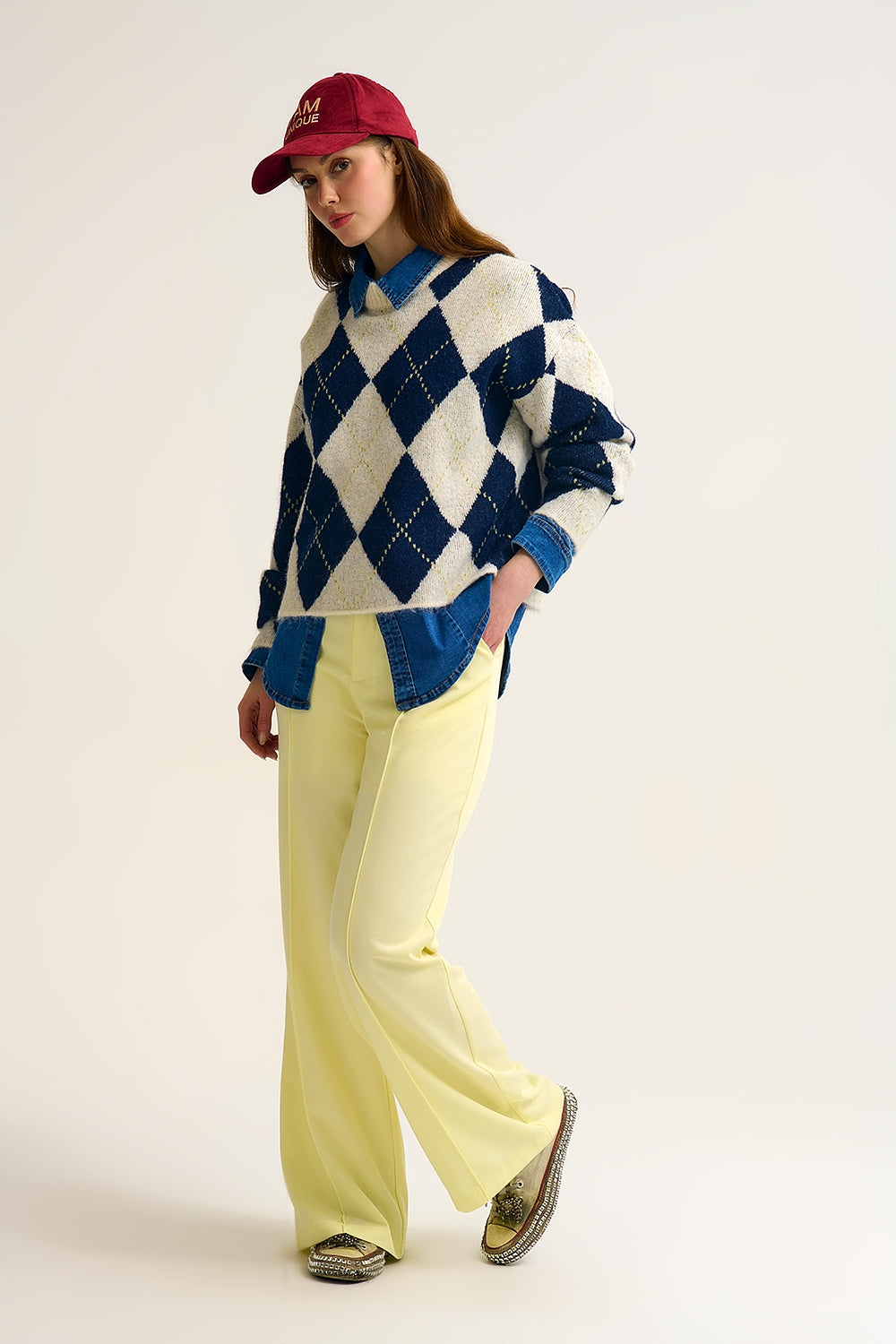 Navy diamond Chunky Knit Sweater in Contrast navy and cream