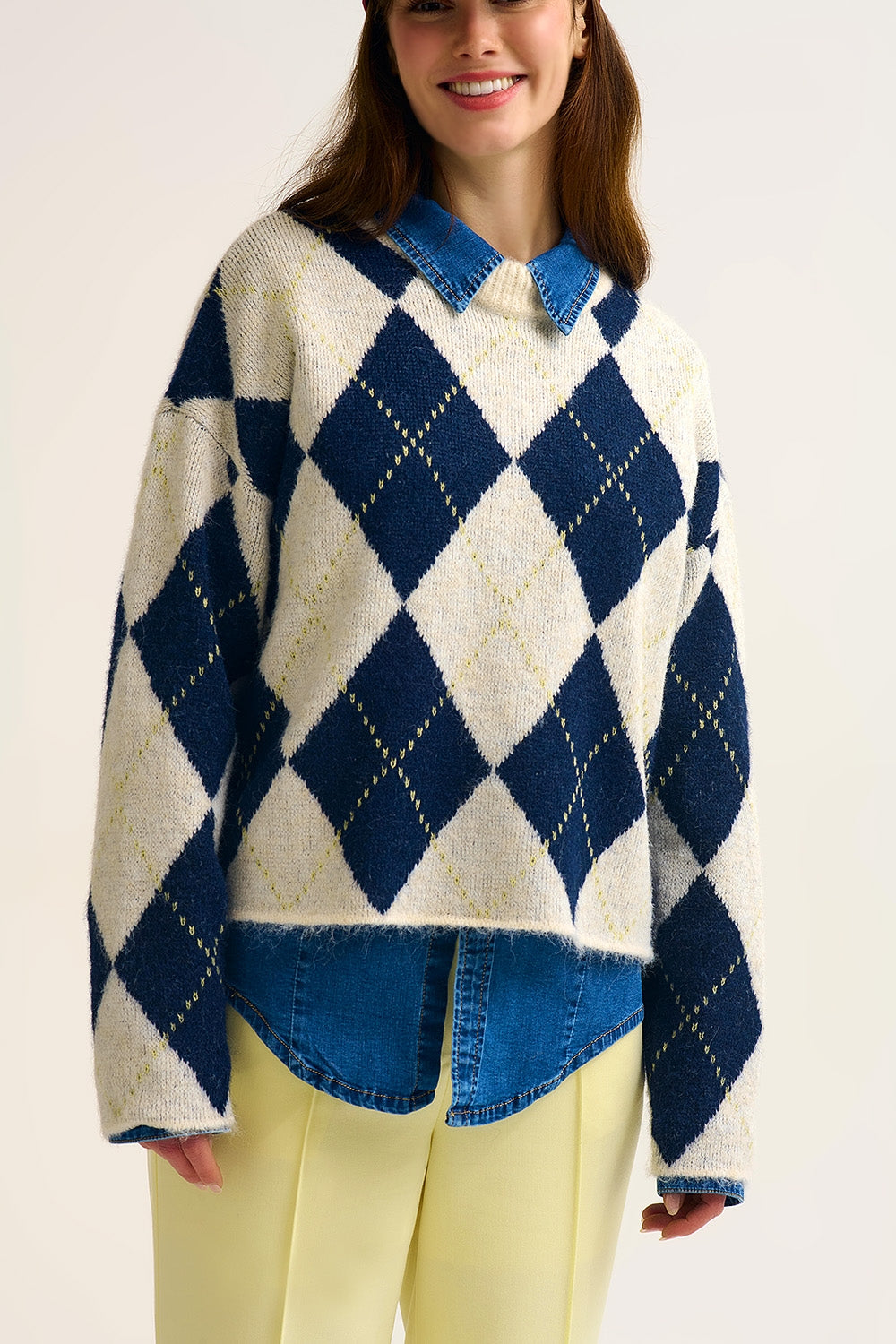 Navy diamond Chunky Knit Sweater in Contrast navy and cream