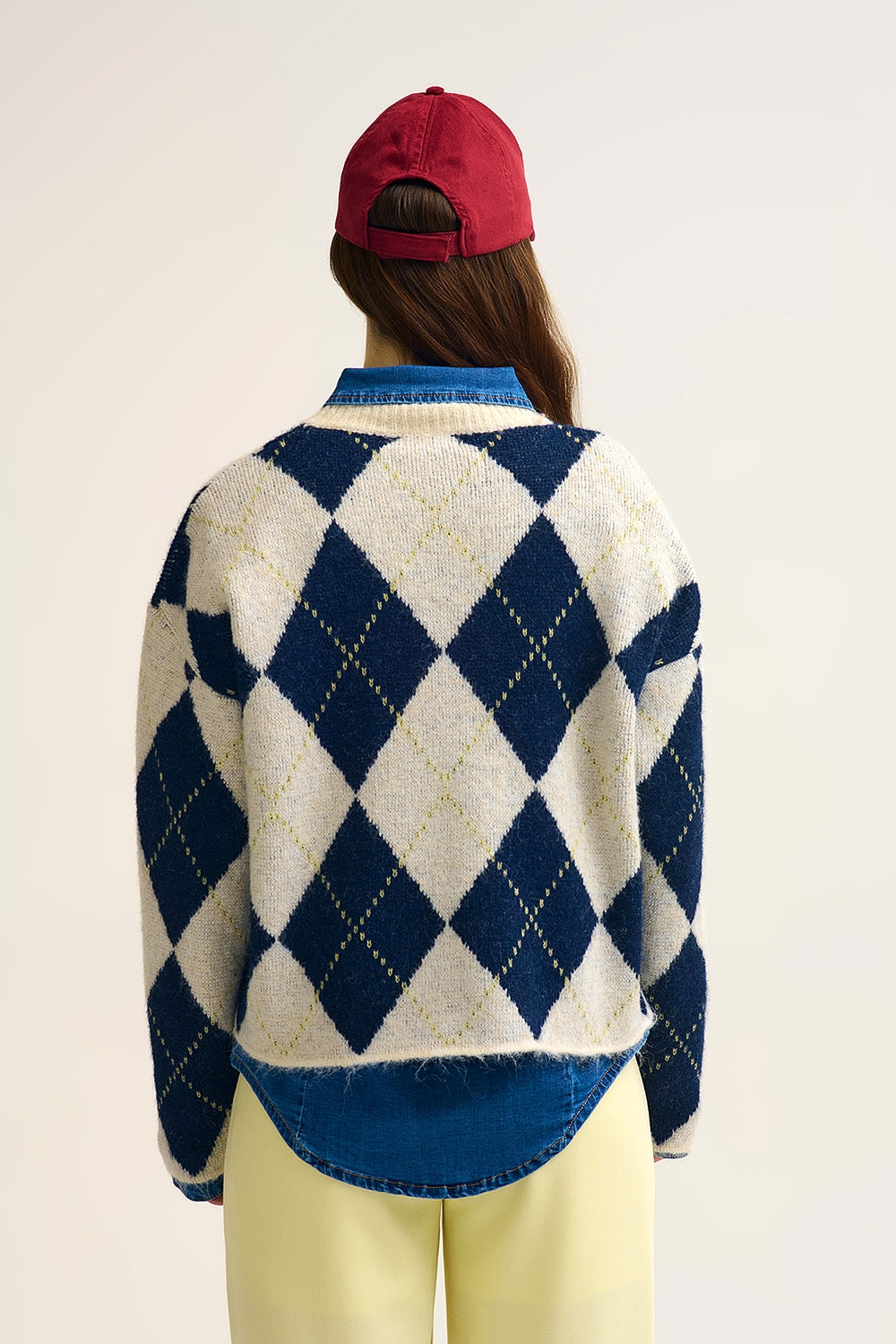 Navy diamond Chunky Knit Sweater in Contrast navy and cream