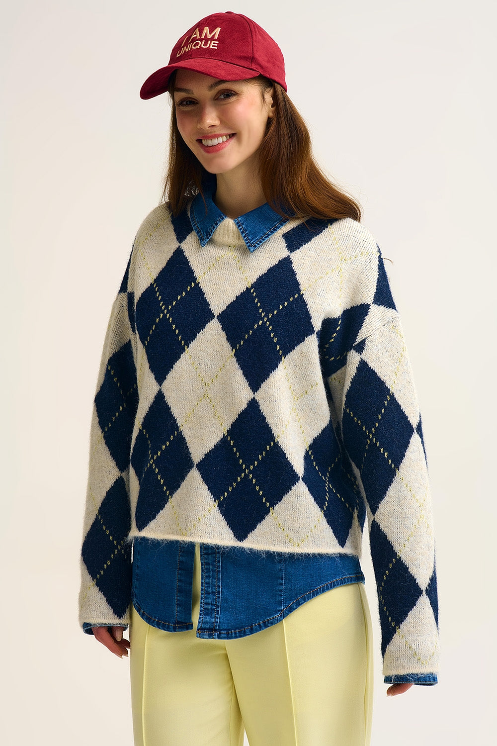 Navy diamond Chunky Knit Sweater in Contrast navy and cream