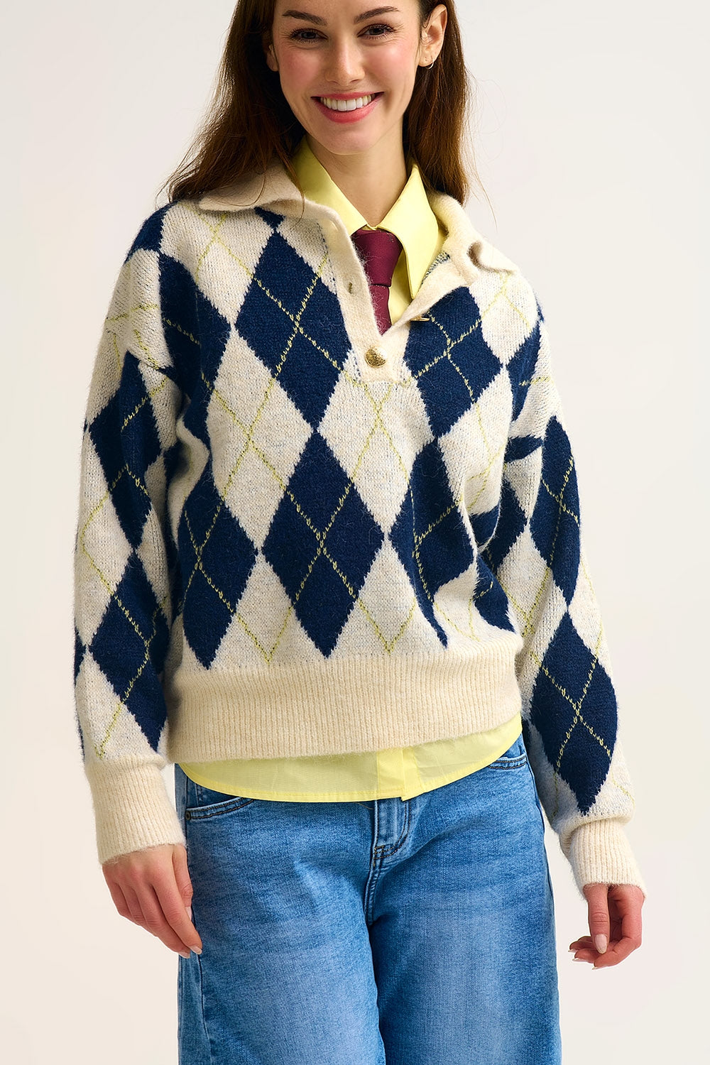diamond printed knit polo neck sweater in navy and cream