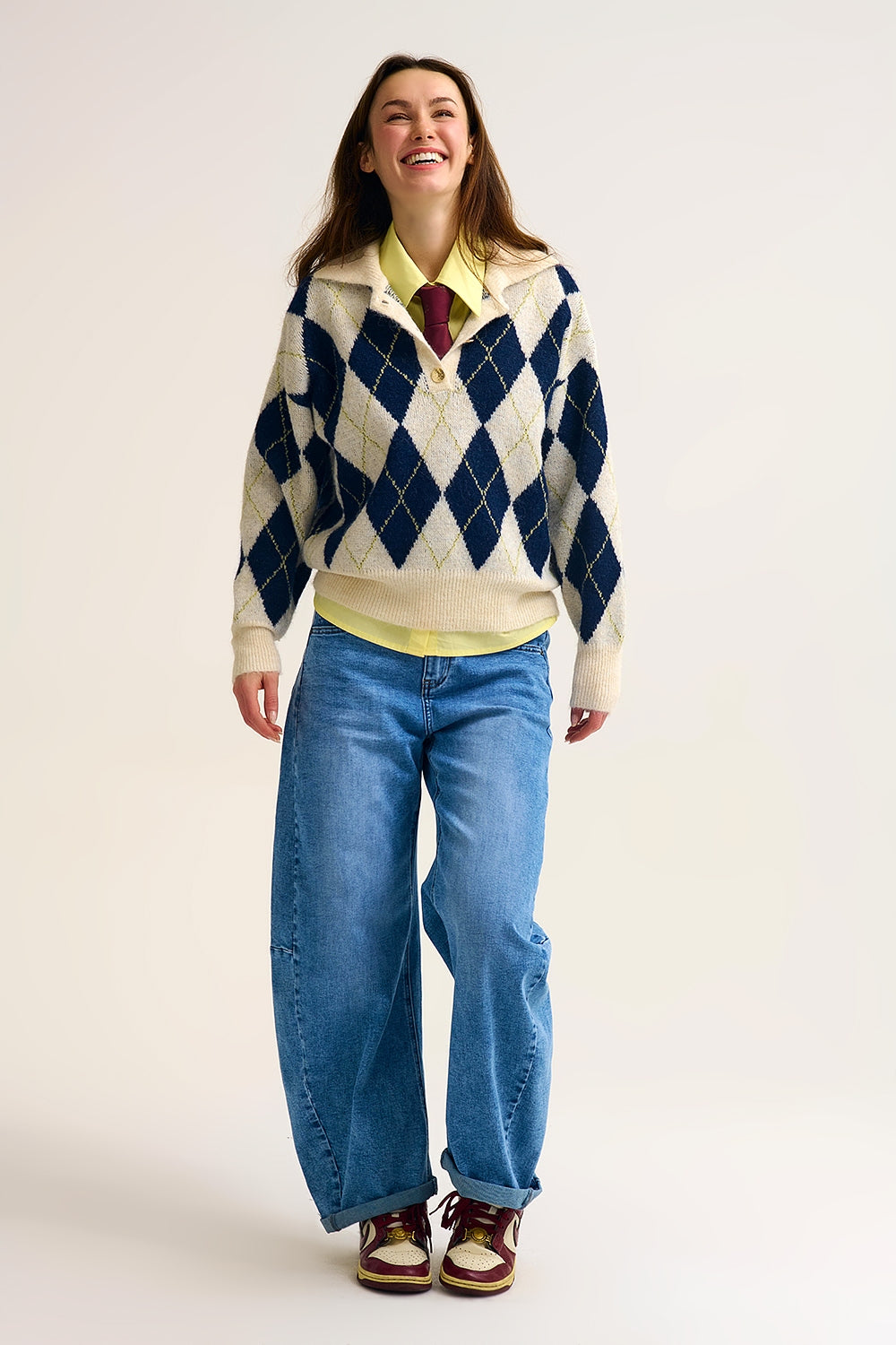 diamond printed knit polo neck sweater in navy and cream
