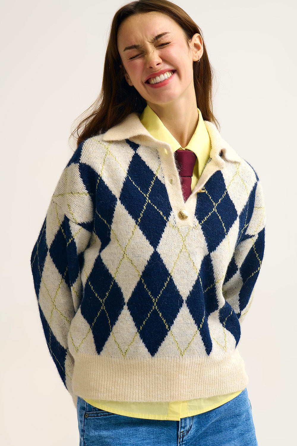 diamond printed knit polo neck sweater in navy and cream