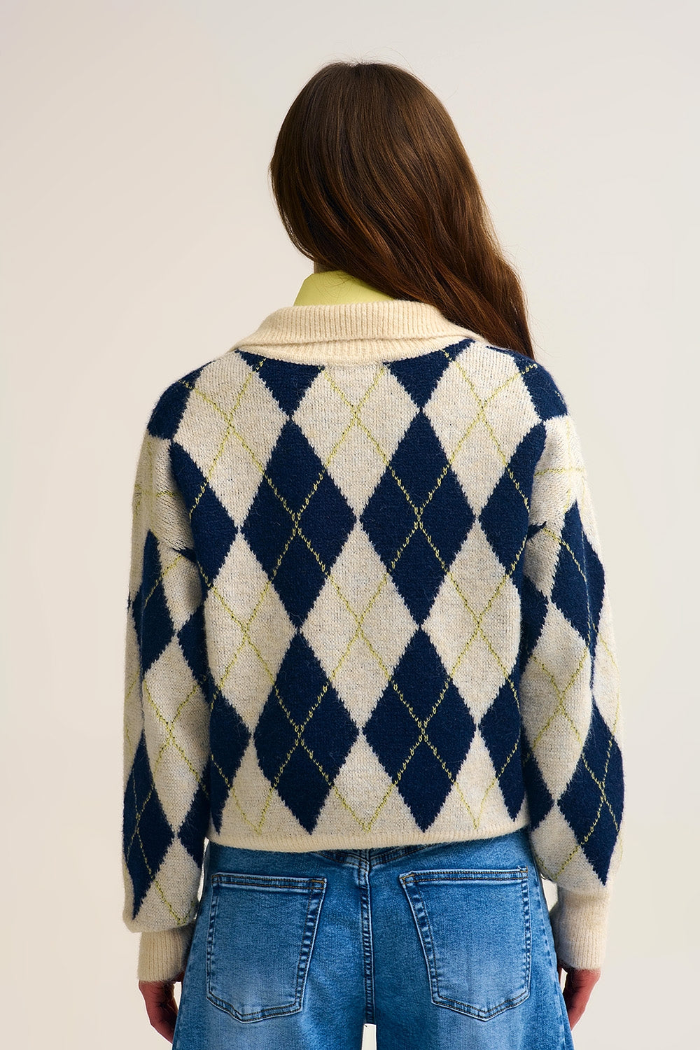 diamond printed knit polo neck sweater in navy and cream