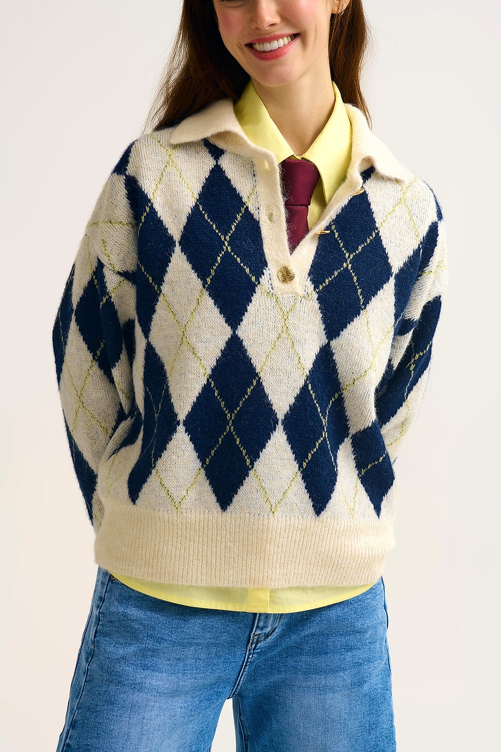 diamond printed knit polo neck sweater in navy and cream