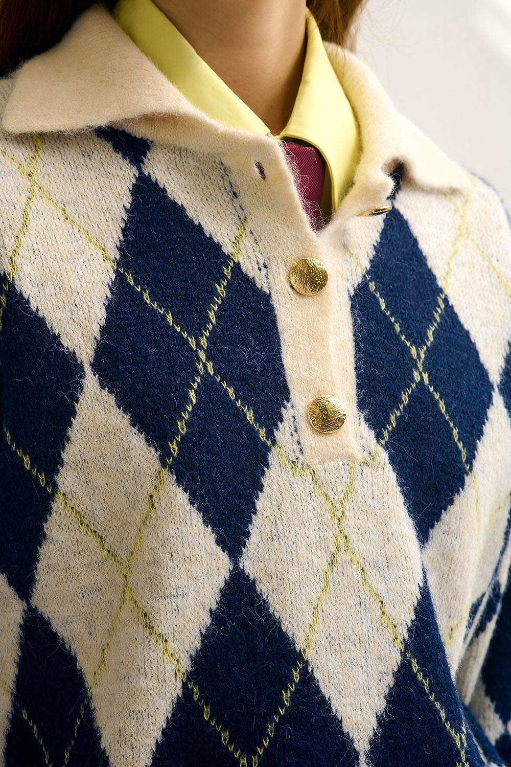 diamond printed knit polo neck sweater in navy and cream