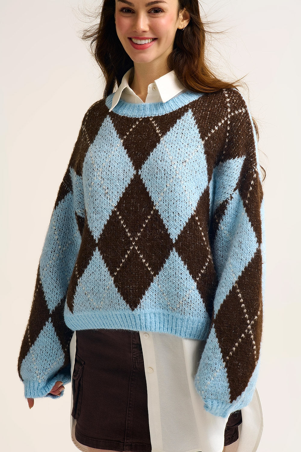 Blue and Brown diamond Knit Sweater With Voluminous Sleeves