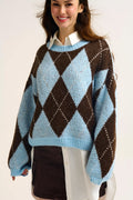 Blue and Brown diamond Knit Sweater With Voluminous Sleeves