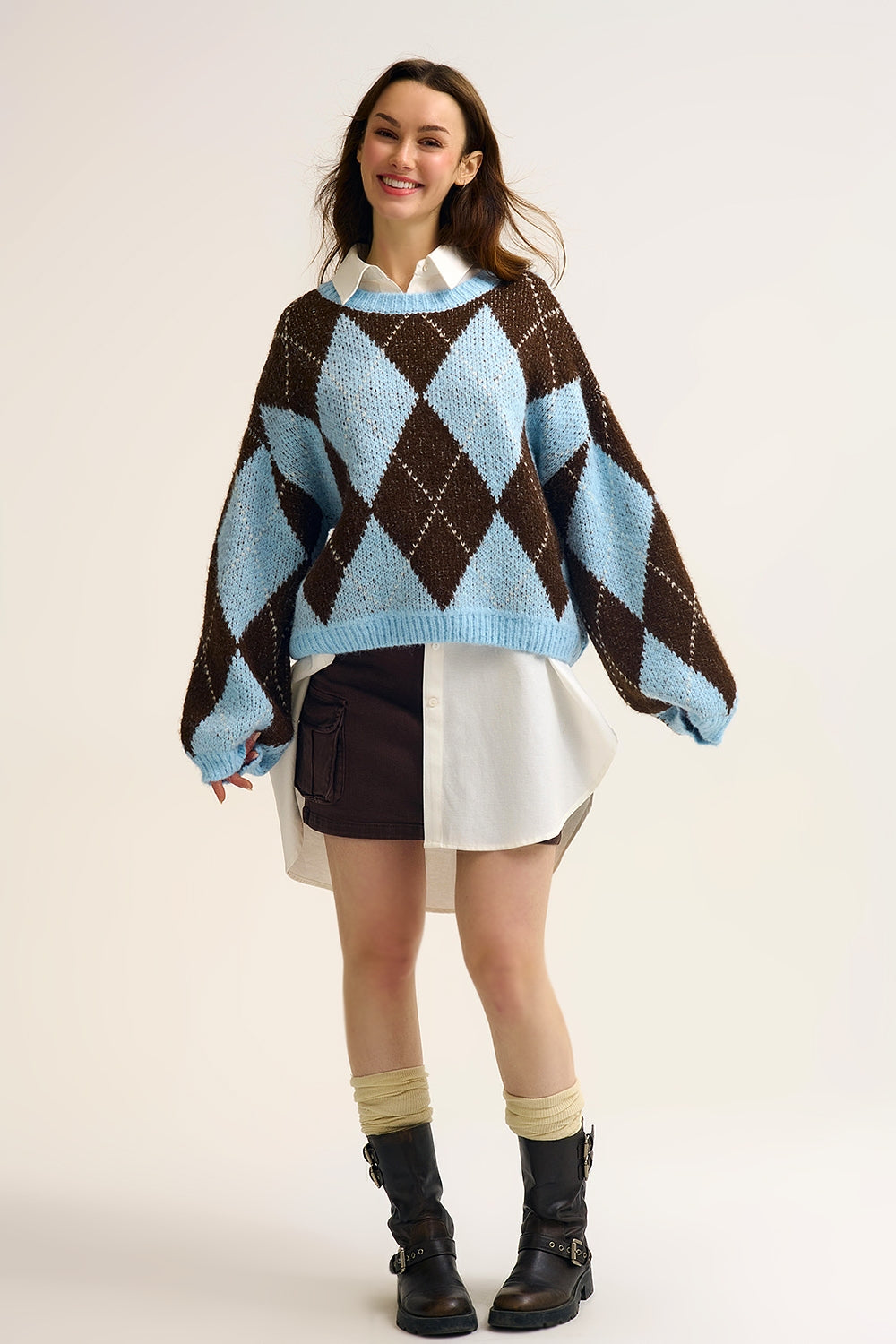 Blue and Brown diamond Knit Sweater With Voluminous Sleeves