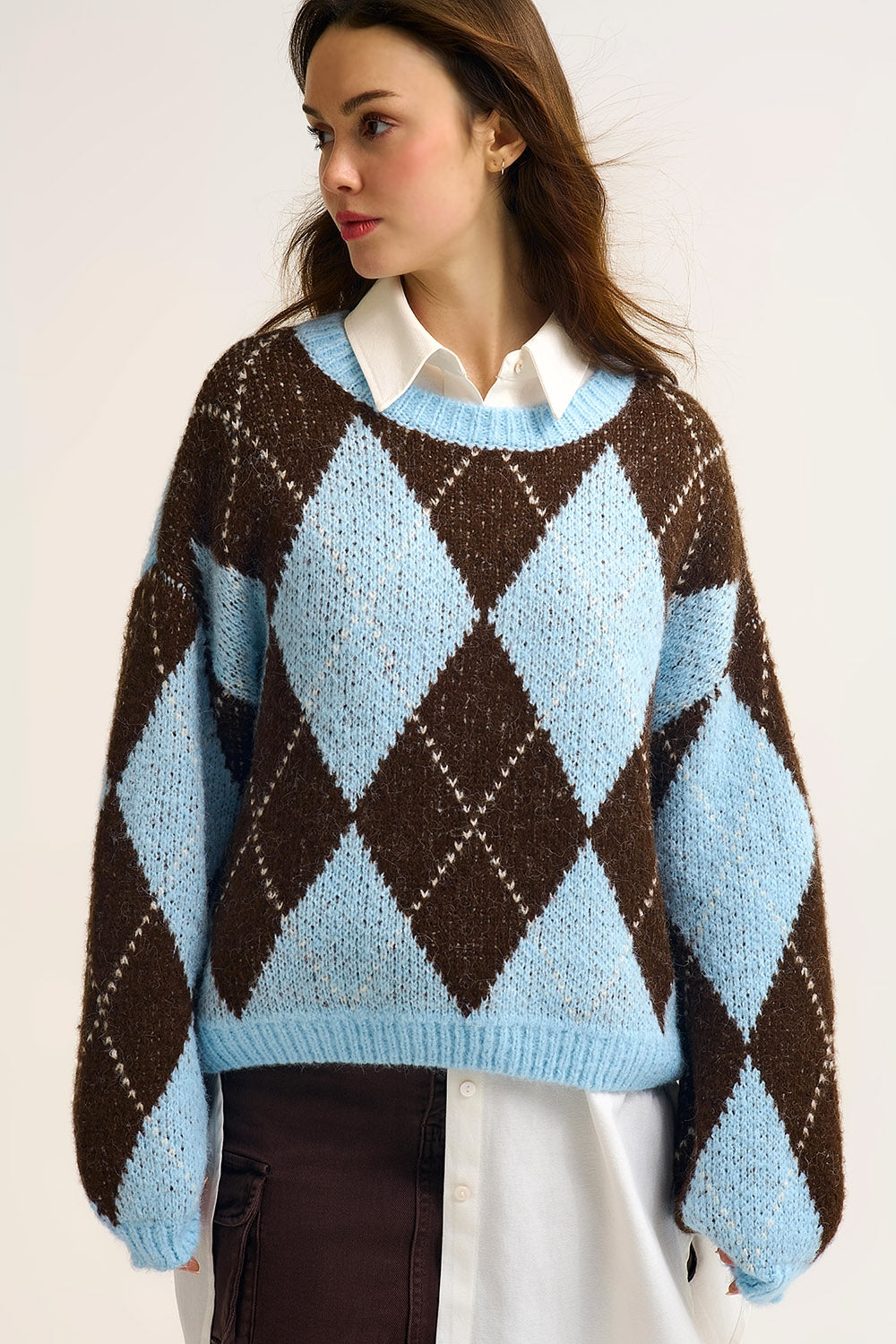 Blue and Brown diamond Knit Sweater With Voluminous Sleeves