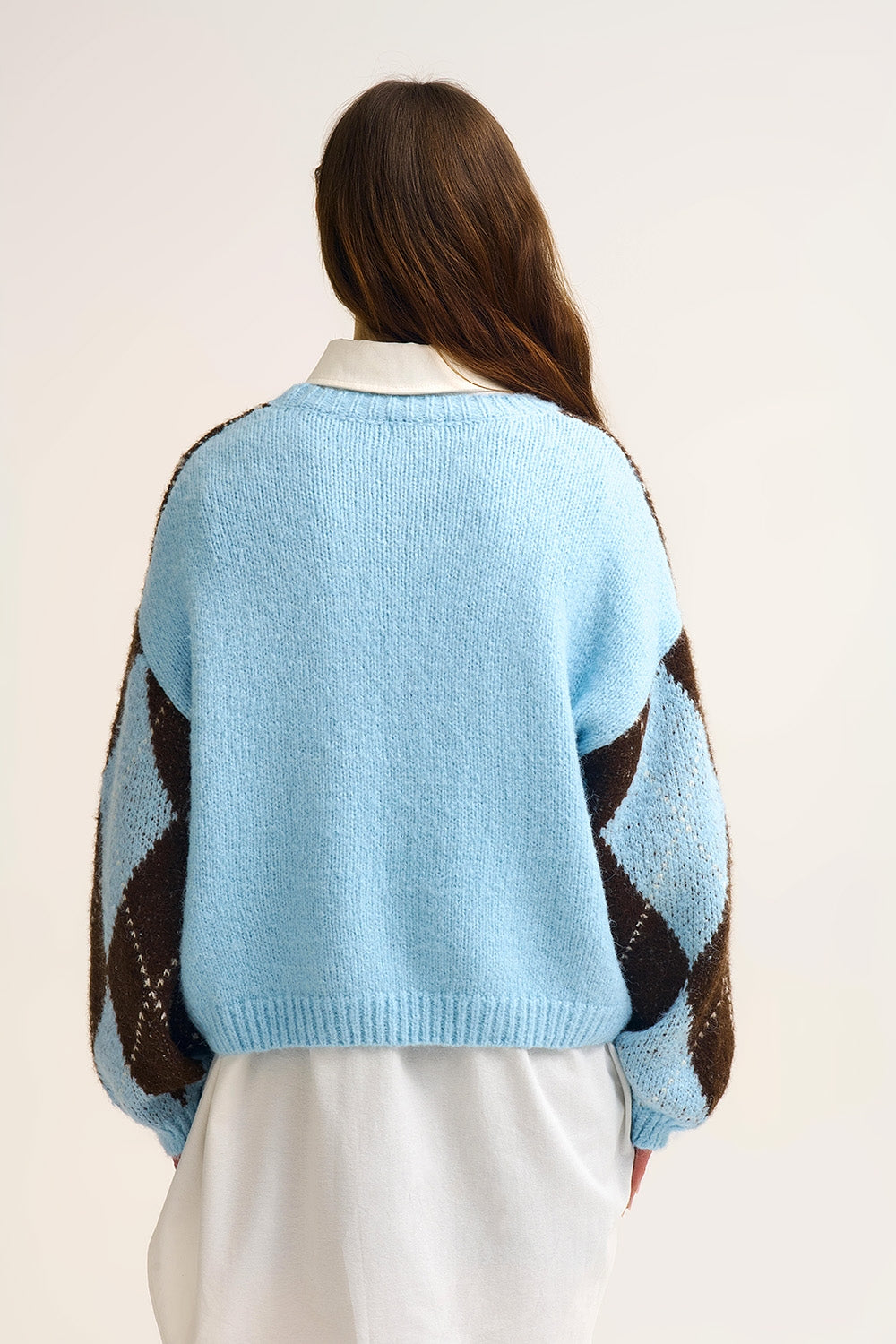 Blue and Brown diamond Knit Sweater With Voluminous Sleeves