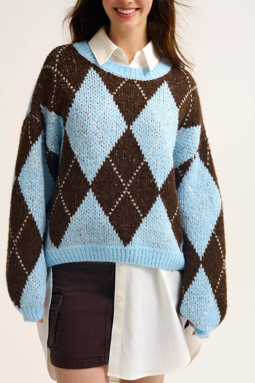 Blue and Brown diamond Knit Sweater With Voluminous Sleeves