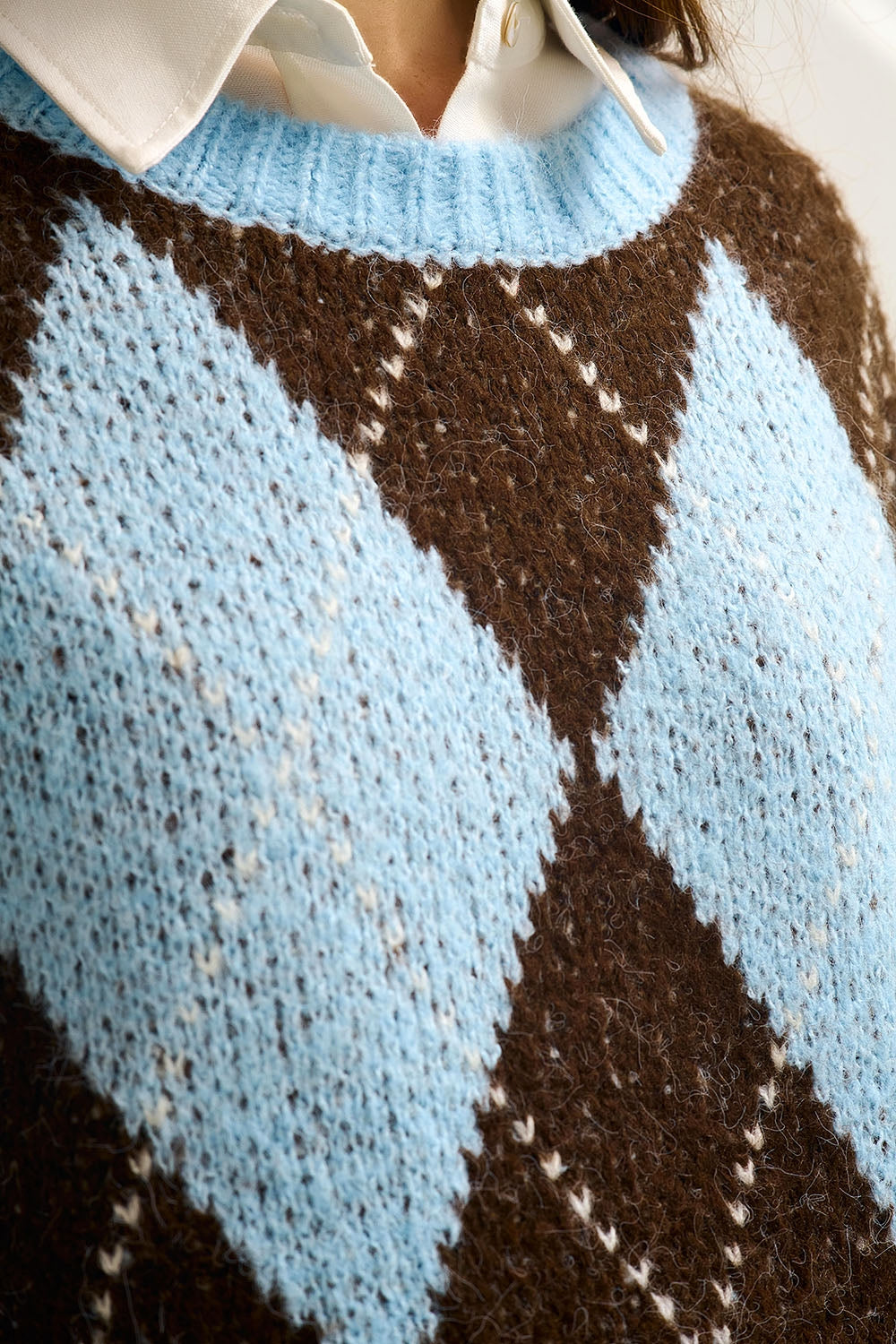 Blue and Brown diamond Knit Sweater With Voluminous Sleeves