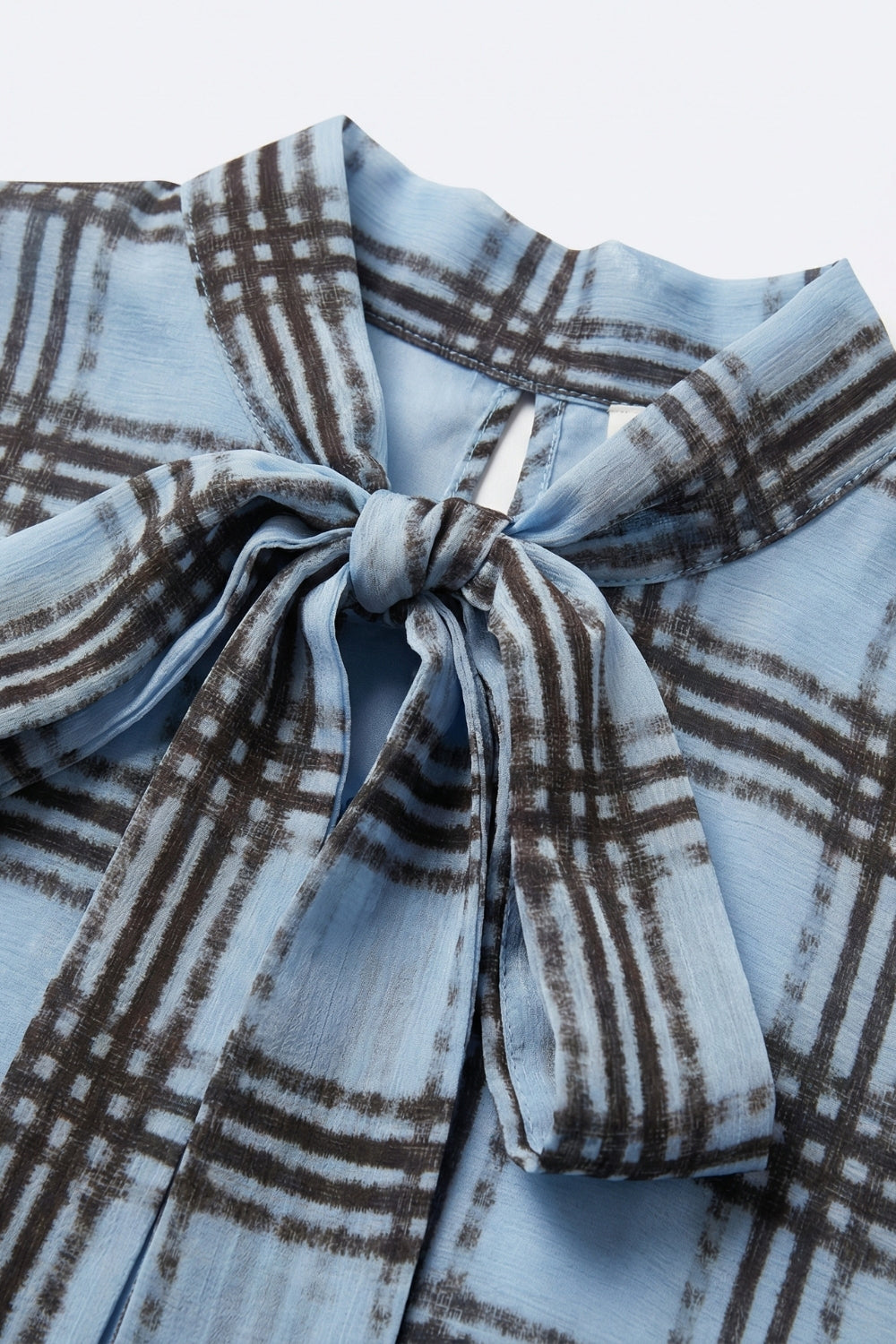 blue Chiffon Blouse with Check Print with Wide Sleeves and Neck Tie
