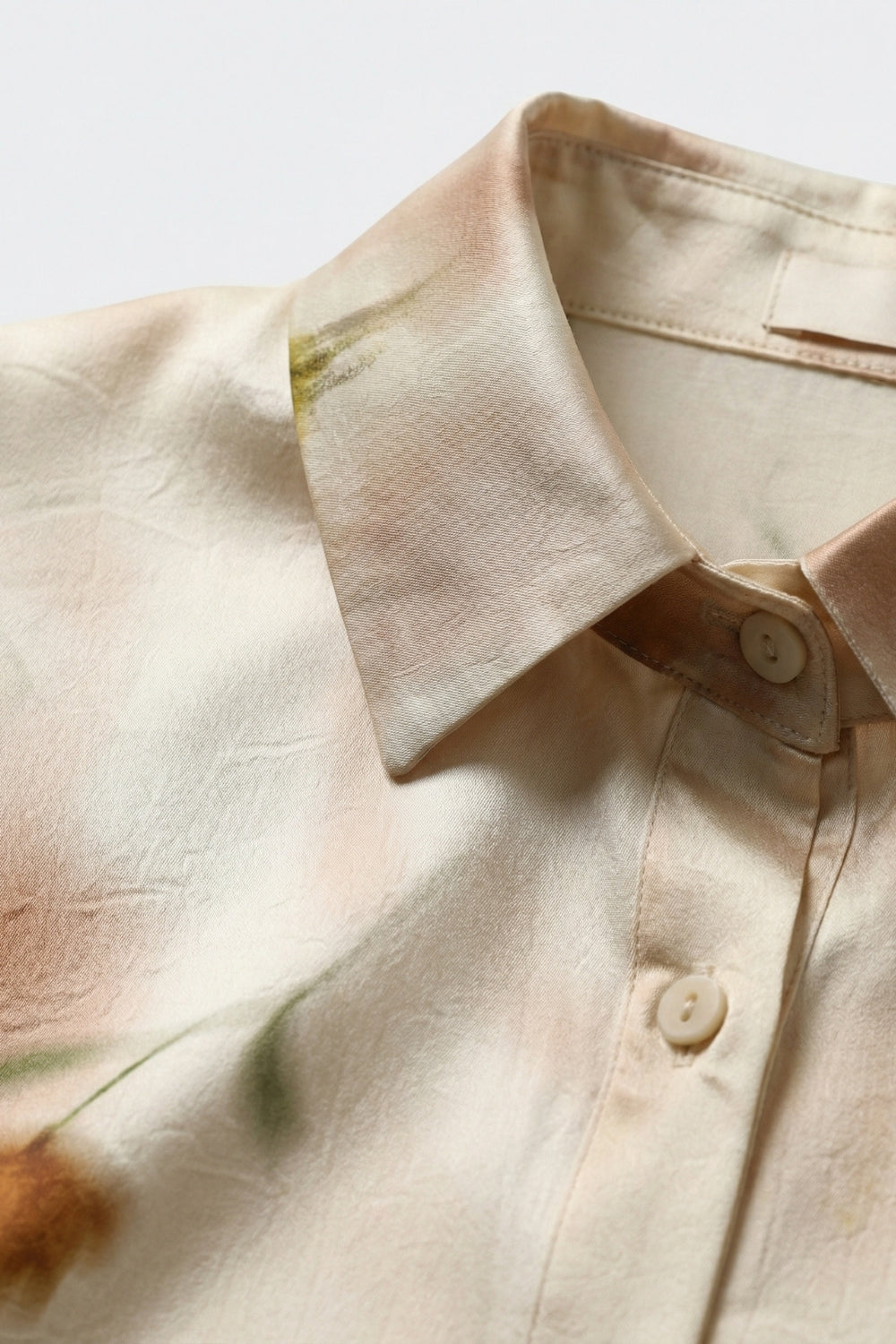 Beige Floral Satin Button-Down Shirt