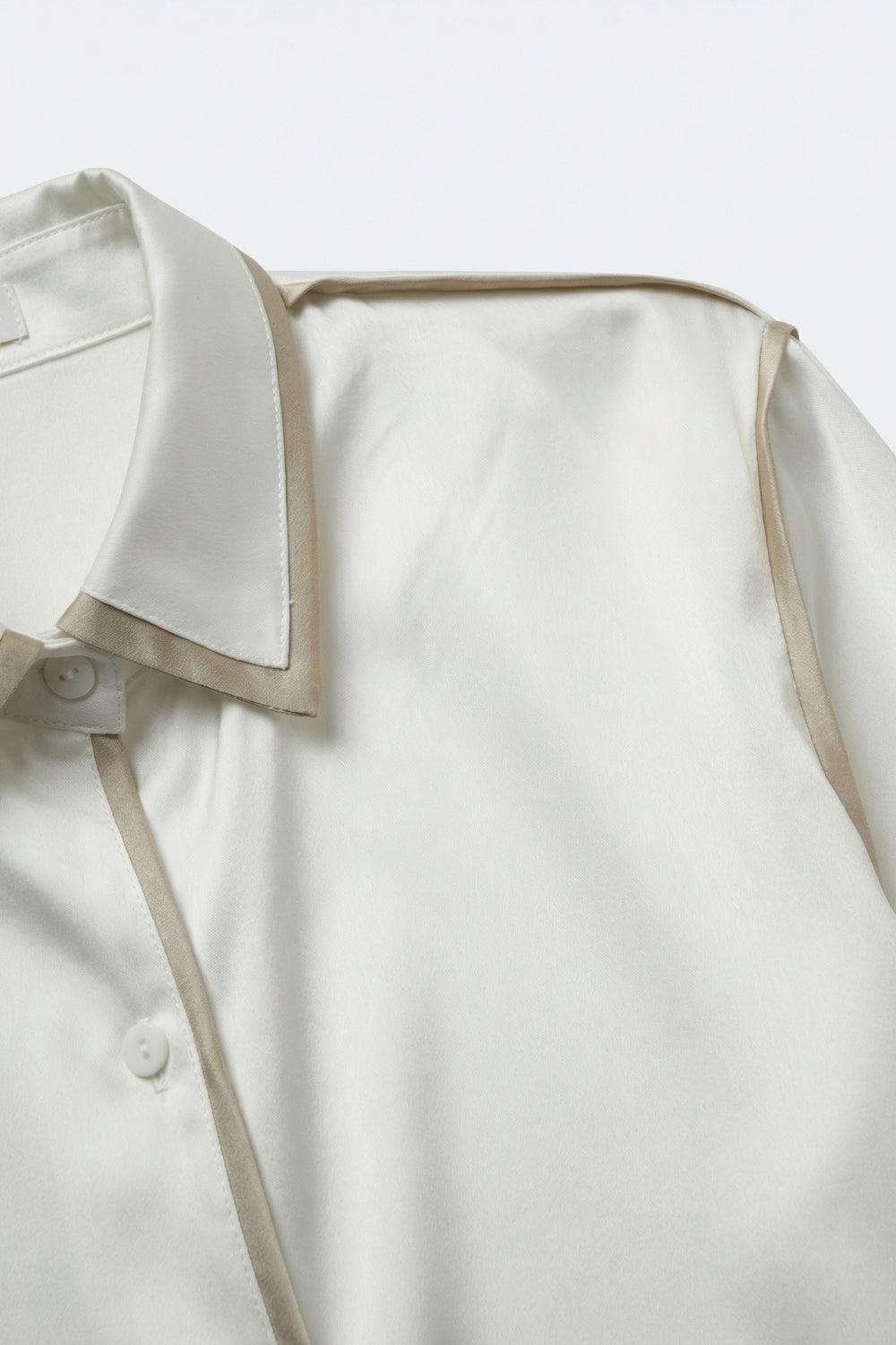 Cream Satin Button-Down Shirt with Contrast Trim