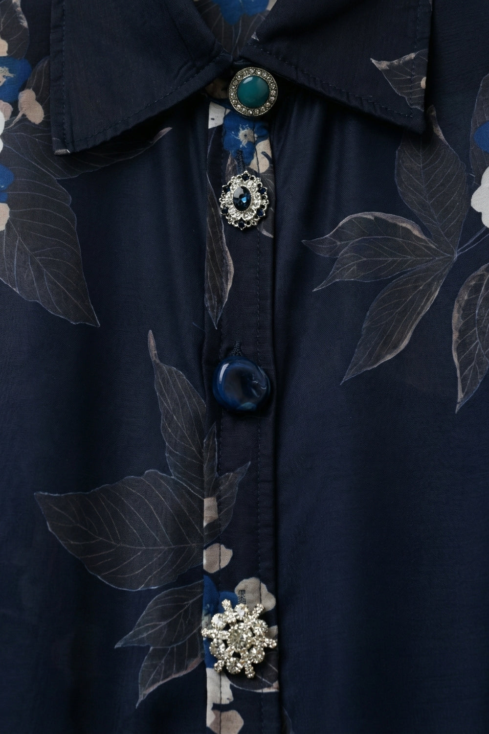 Navy Floral Button-Up Shirt in chiffon with Long Sleeves
