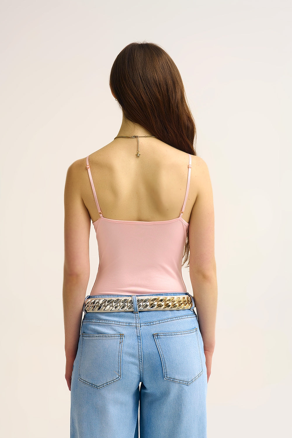 Baby Pink gold Ring-Detail V-Neck Bodysuit in elastic fabric