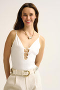 White gold Ring-Detail V-Neck Bodysuit in elastic fabric