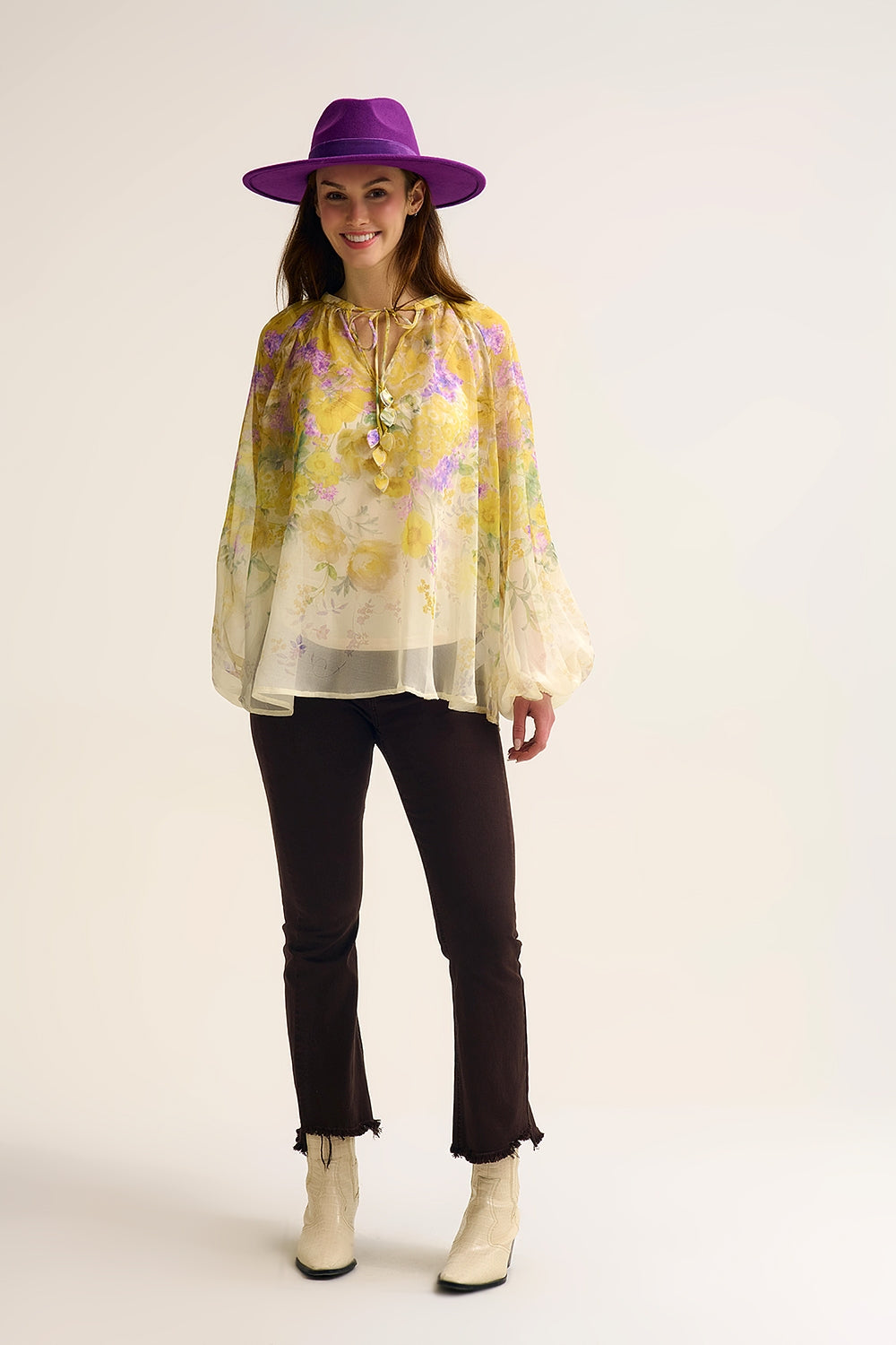 Floral Chiffon Blouse with Sheer Finish and Flowing Silhouette