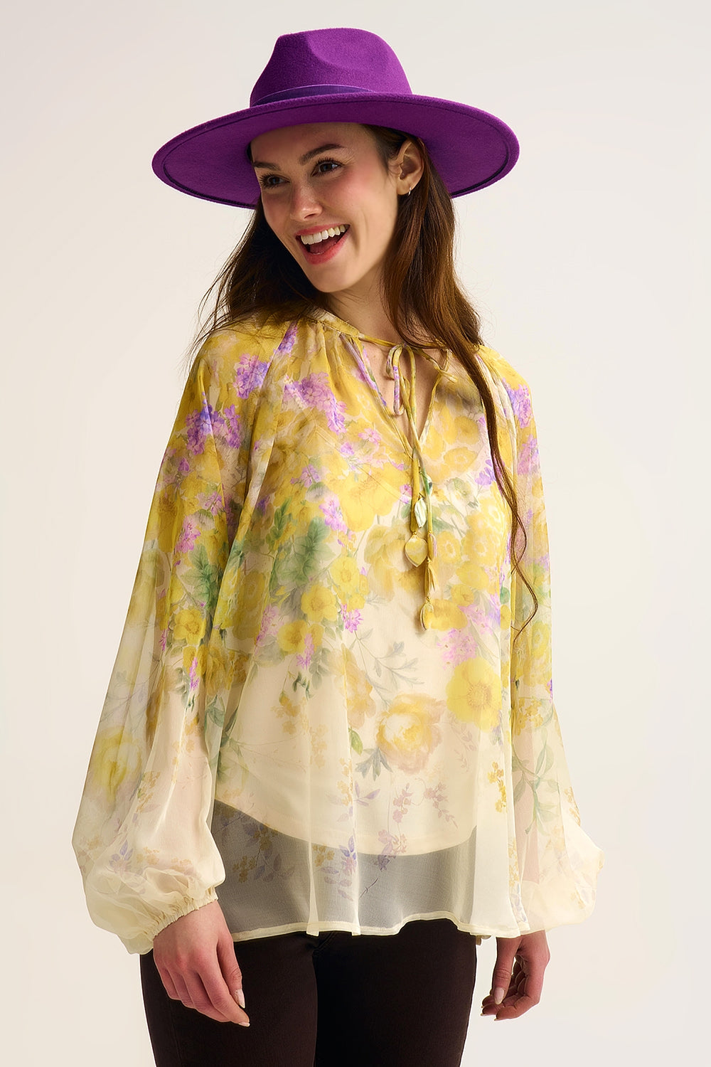 Floral Chiffon Blouse with Sheer Finish and Flowing Silhouette
