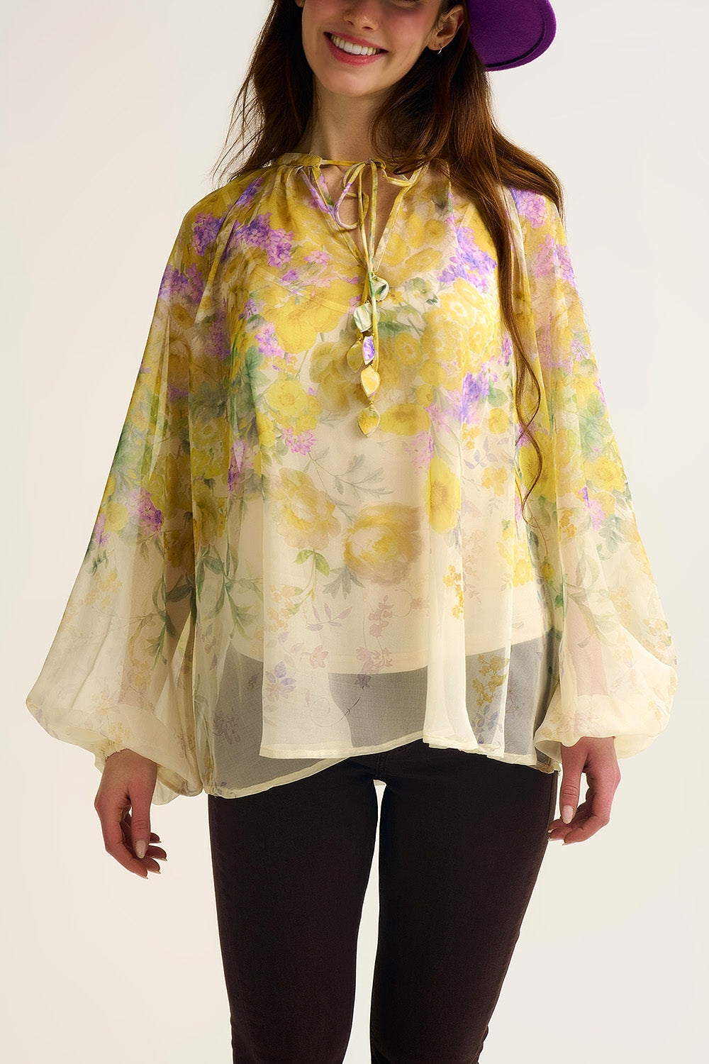Floral Chiffon Blouse with Sheer Finish and Flowing Silhouette
