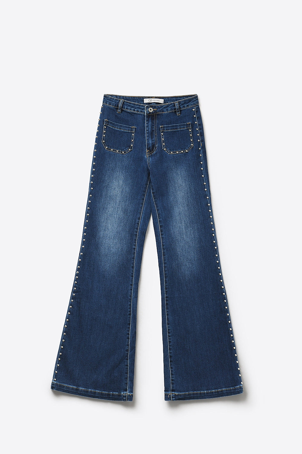 mid wash blue Flare-Leg Denim Jeans with Side Stud Detail