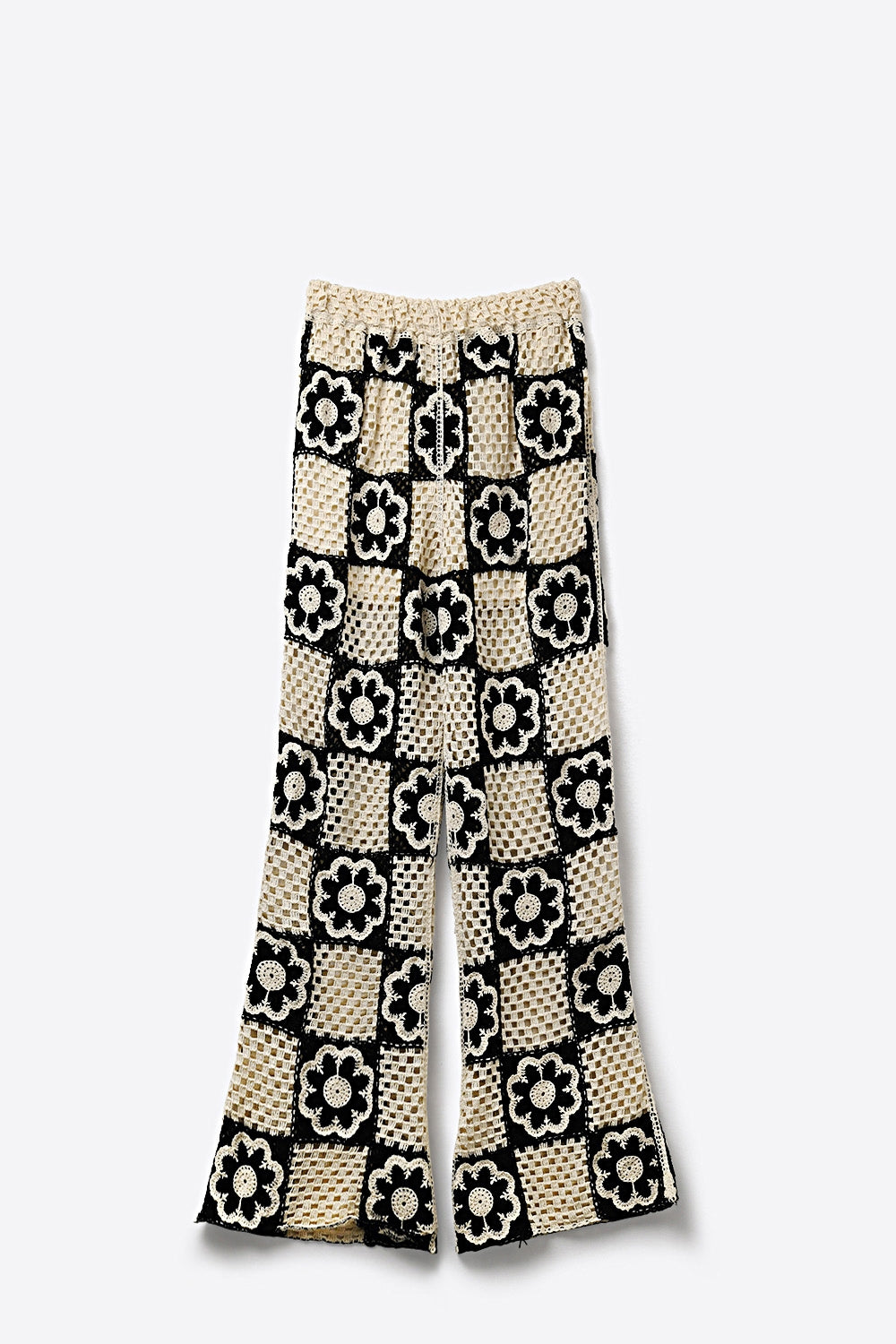 Black & Cream Crochet Patchwork flare-Leg Pants with Floral Motif