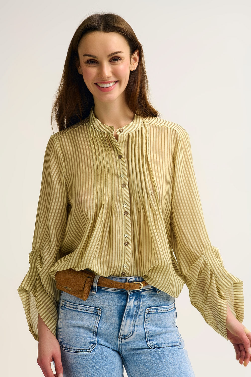 Chiffon Striped Button-Front Blouse with Relaxed Fit and Soft Texture