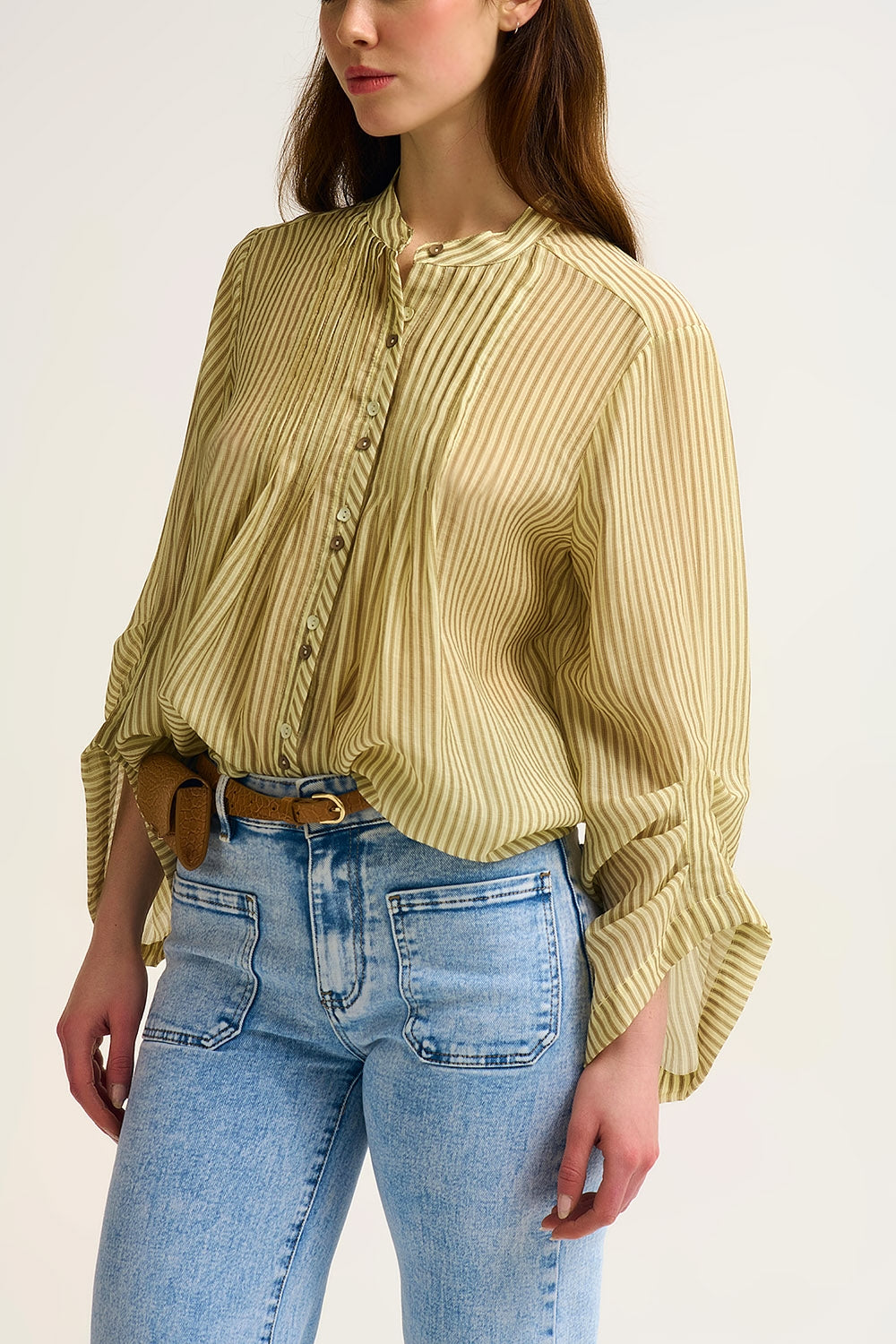 Chiffon Striped Button-Front Blouse with Relaxed Fit and Soft Texture