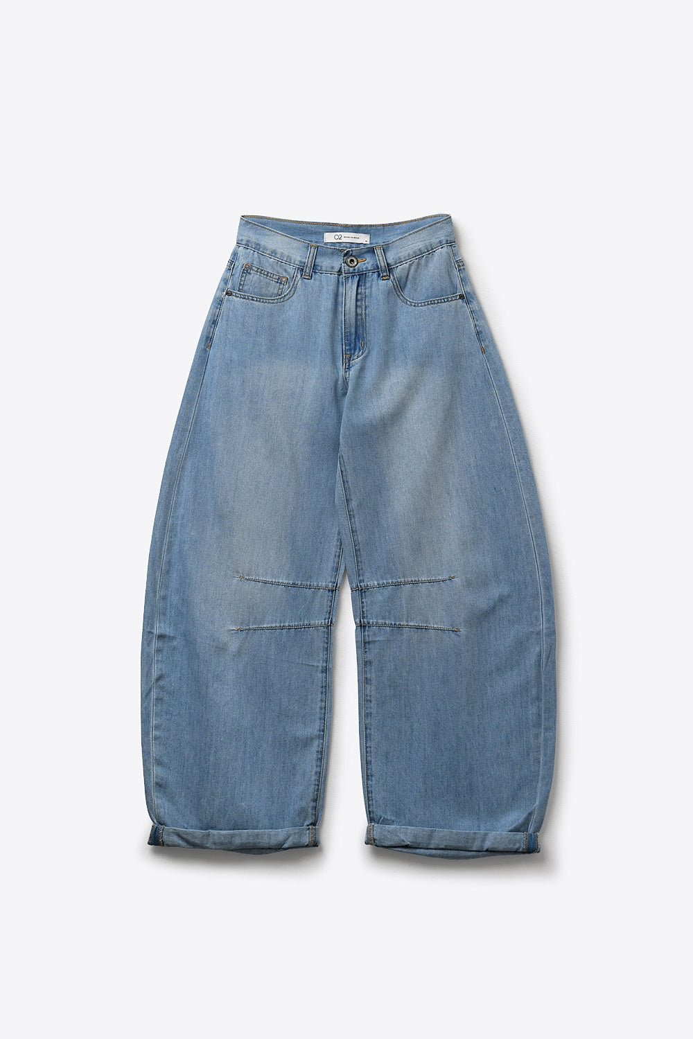 Light Wash Barrel Jeans With Knee Seam Detail