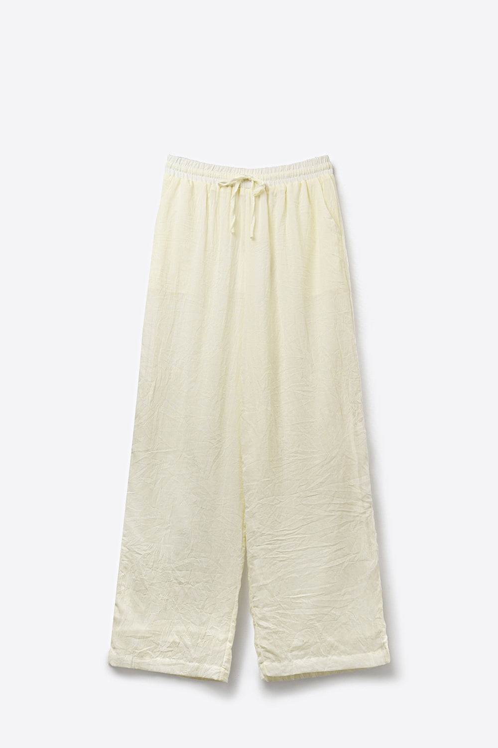 Cream Lightweight Crinkled Wide-Leg Pants with Elastic Waist