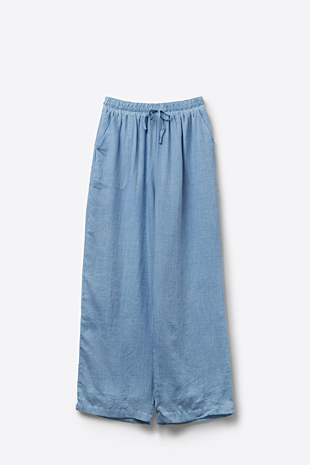 Light Blue Lightweight Crinkled Wide-Leg Pants with Elastic Waist