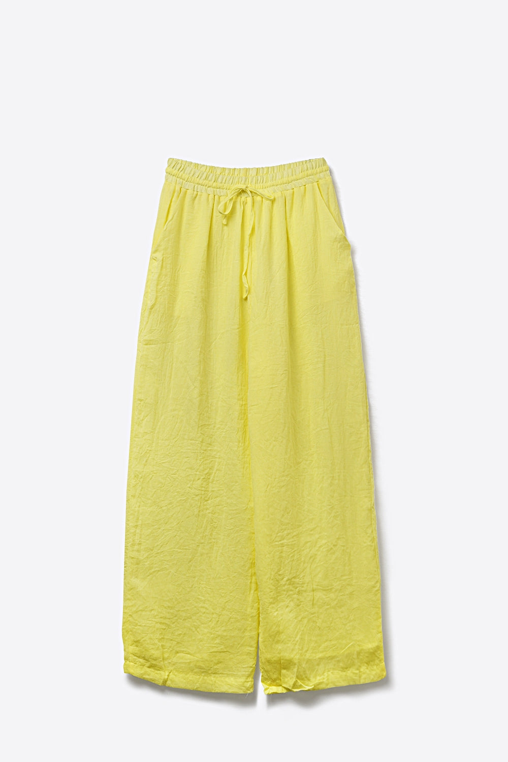 Yellow Wide-Leg Drawstring Pants with sheer fabric