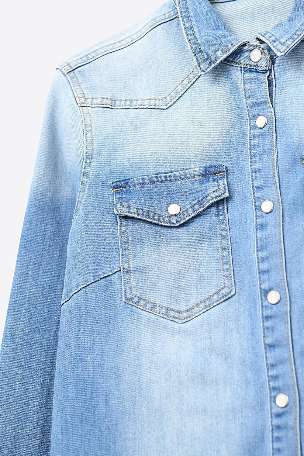 Blue Light Wash Denim Shirt with Button-Down Front