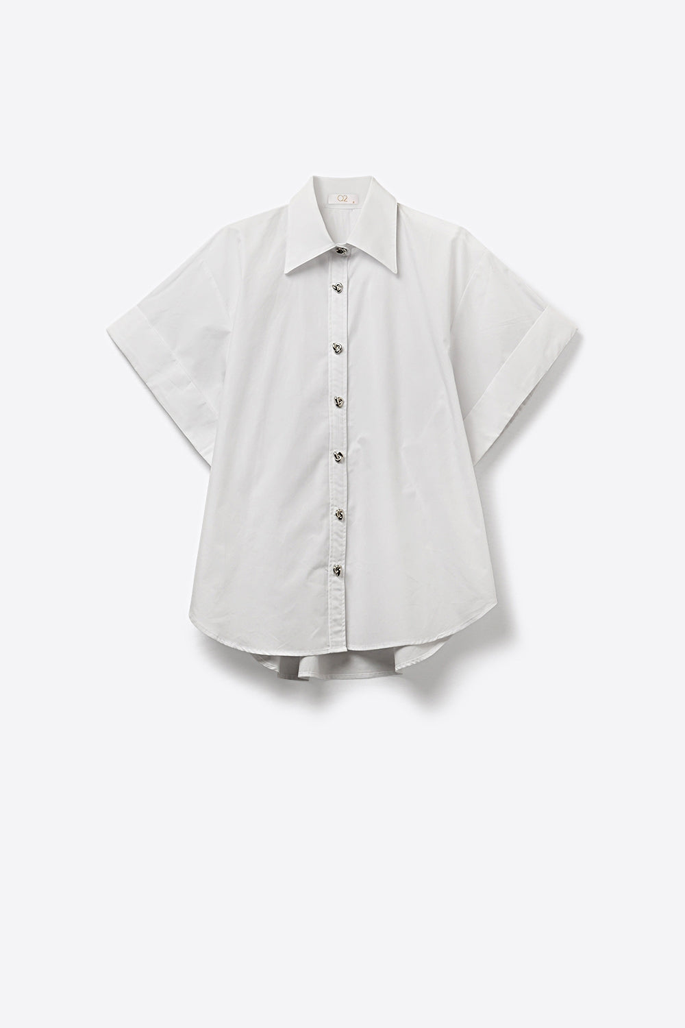 White Short-Sleeve Kimono Shirt with silver buttons